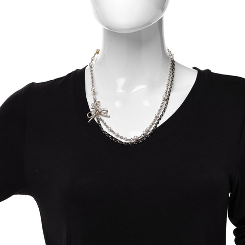 Calfskin Pearl Metal CC Bow Necklace Gold White Black