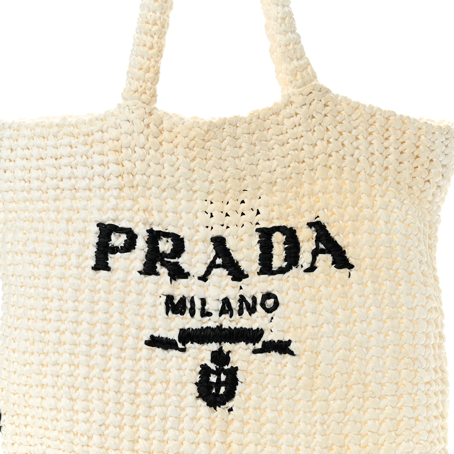 Yarn Raffia Effect Crochet Embroidered Small Logo Tote White