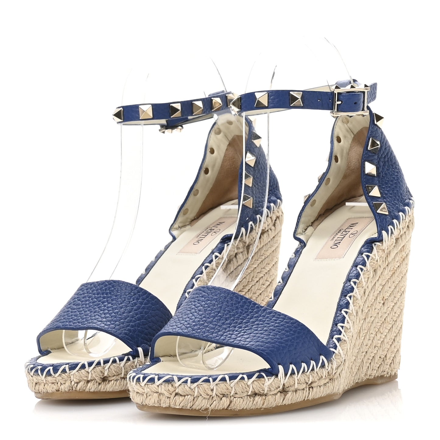 Grained Calfskin Rockstud Ankle Strap Espadrille Wedge Sandals 36 Baltique