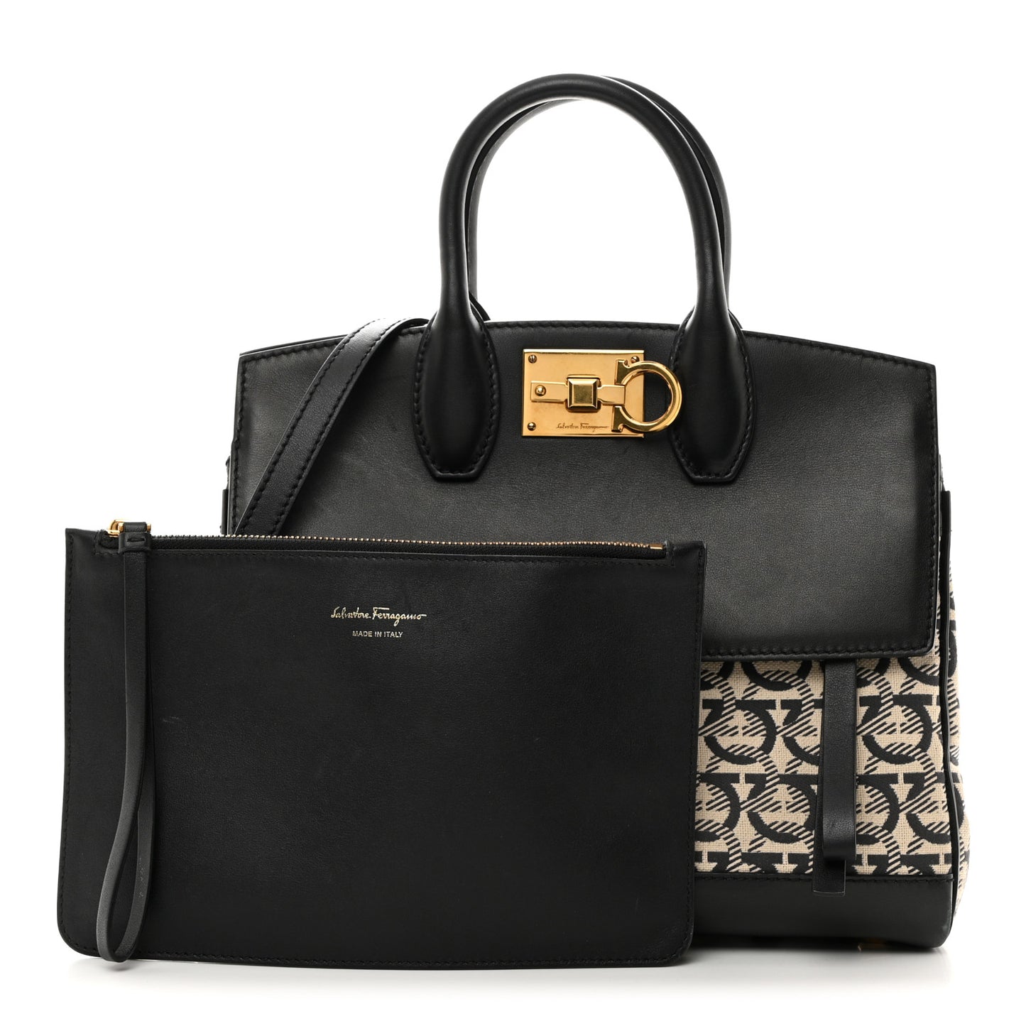 Canvas Calfskin Gancini The Studio Bag Black Beige