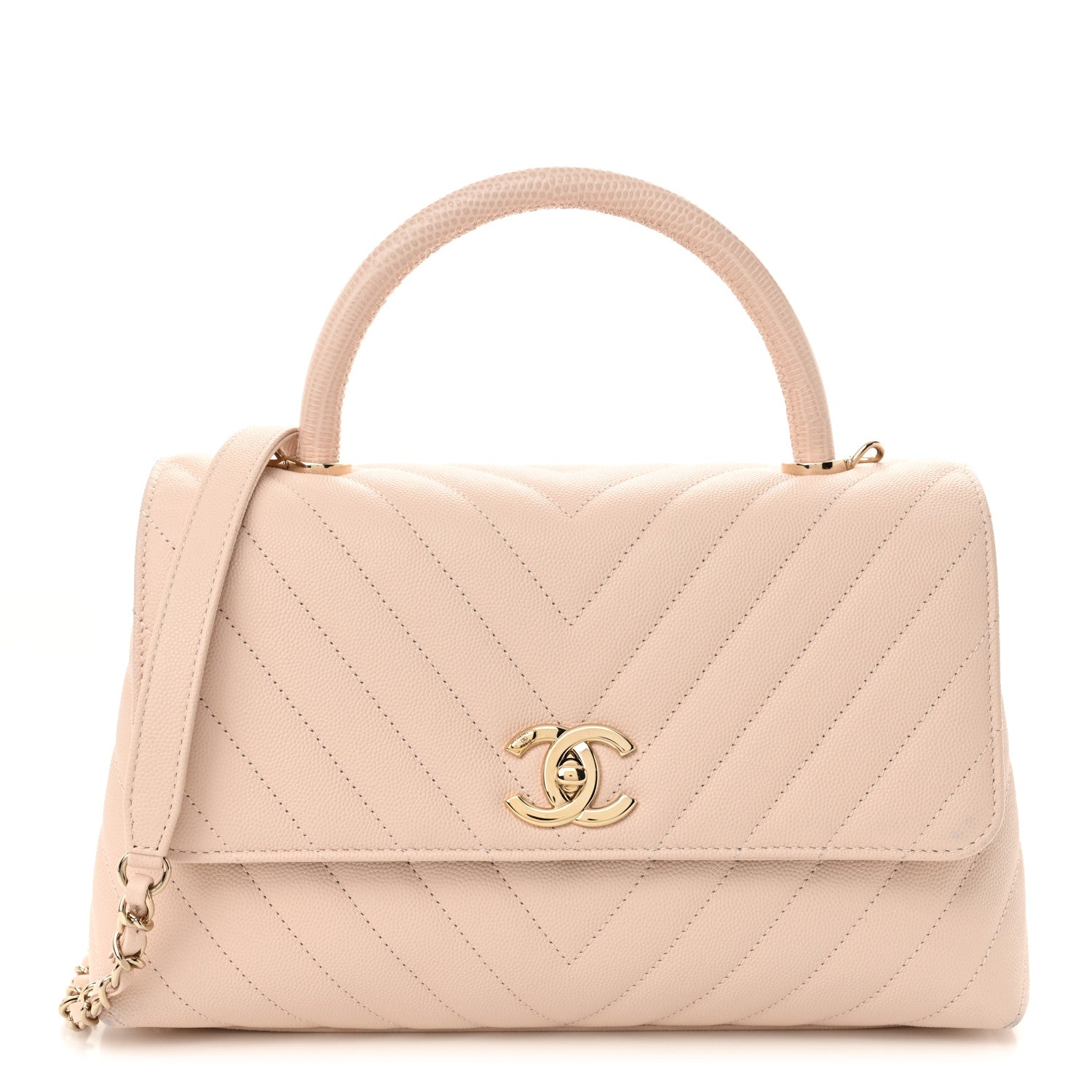 Chanel Lizard Embossed Caviar Chevron Quilted Small Coco Handle Flap Beige 1 of 12