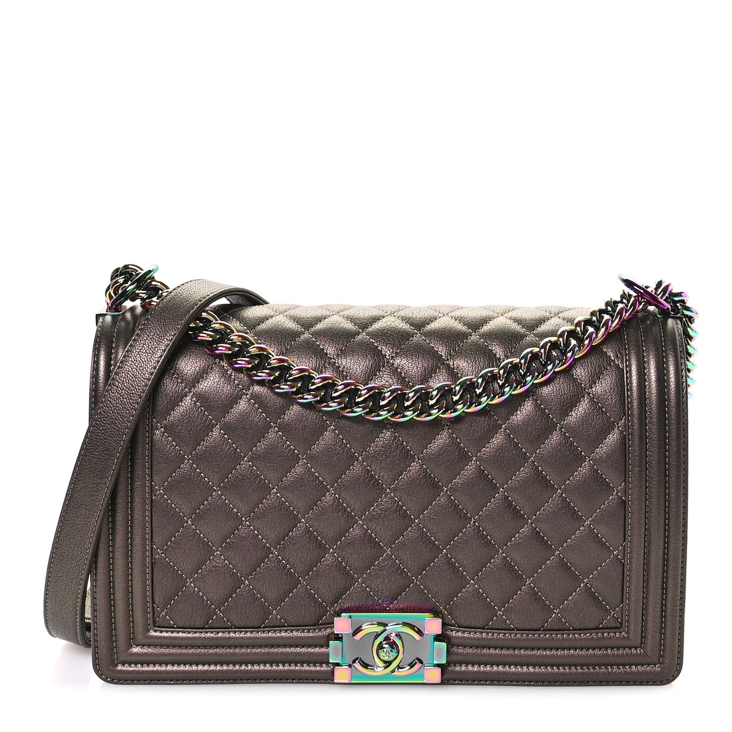 Iridescent Goatskin Quilted Large Boy Flap Bronze