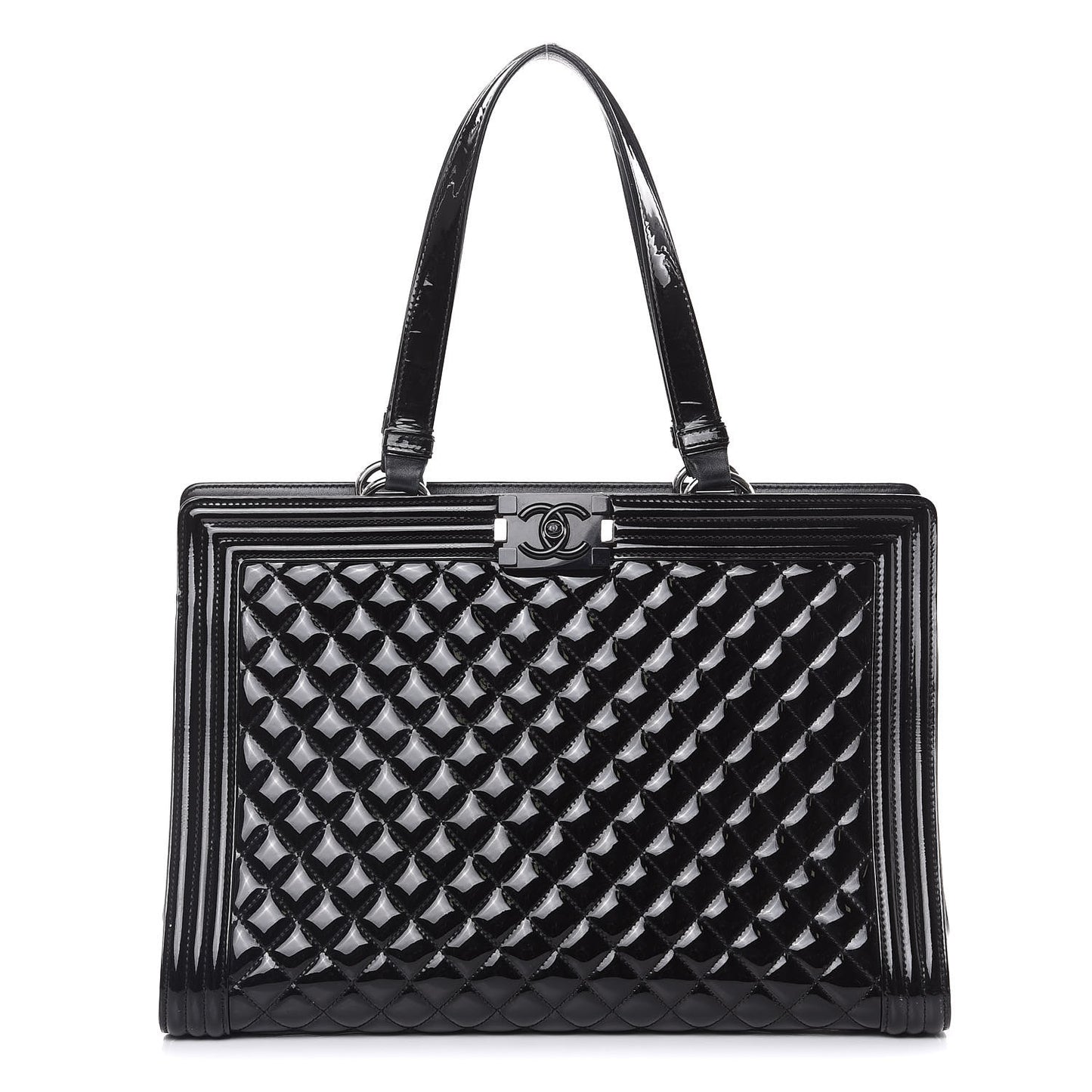 Patent Calfskin Quilted Plexiglass Boy Shopping Tote Black