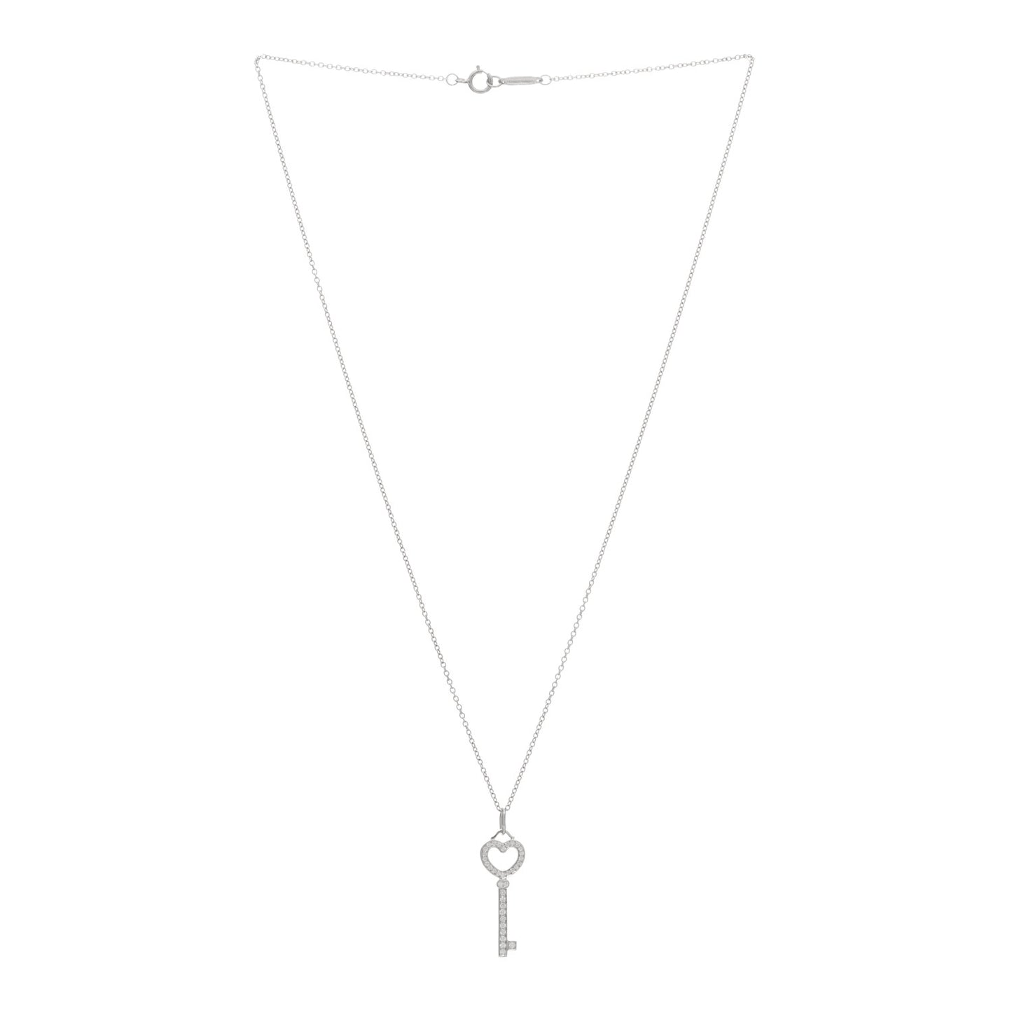 Platinum 18K White Gold Diamond Mini Heart Key Pendant Necklace