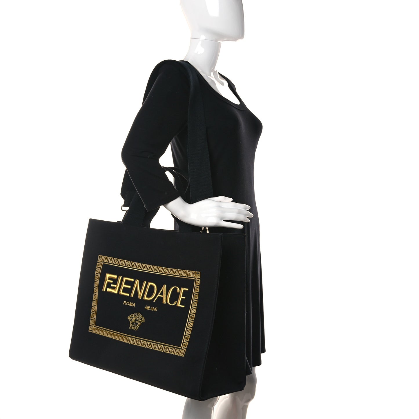 X VERSACE Cotton Canvas Cuoio Romano Fendace Logo Embroidered Signature Shopping Tote Black Gold