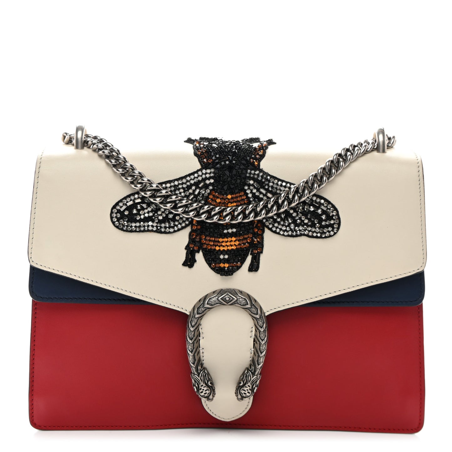 Calfskin Bee Embroidered Medium Dionysus Shoulder Bag White Blue Hibiscus Red