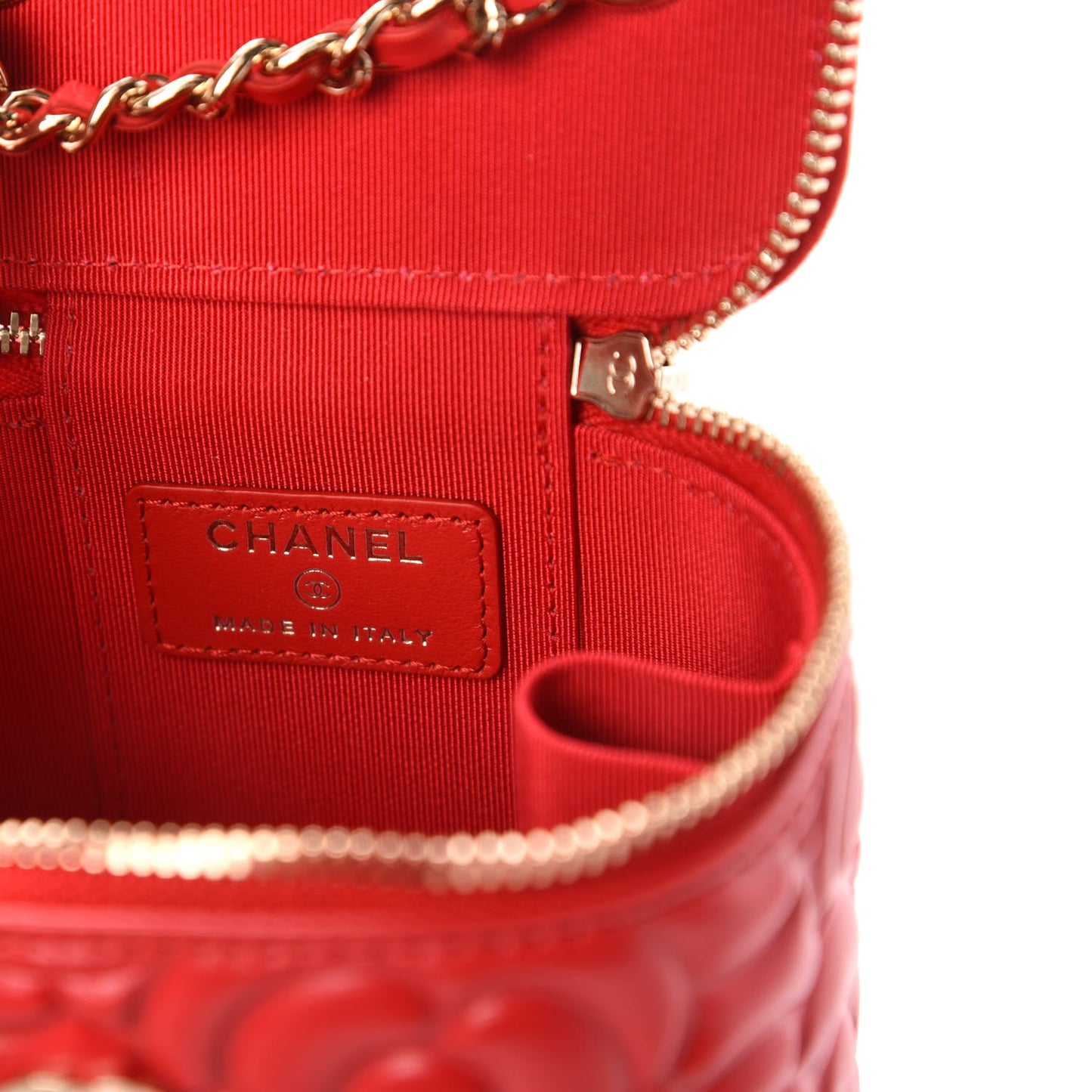 Lambskin Camellia Embossed Mini Vanity Case With Chain Red