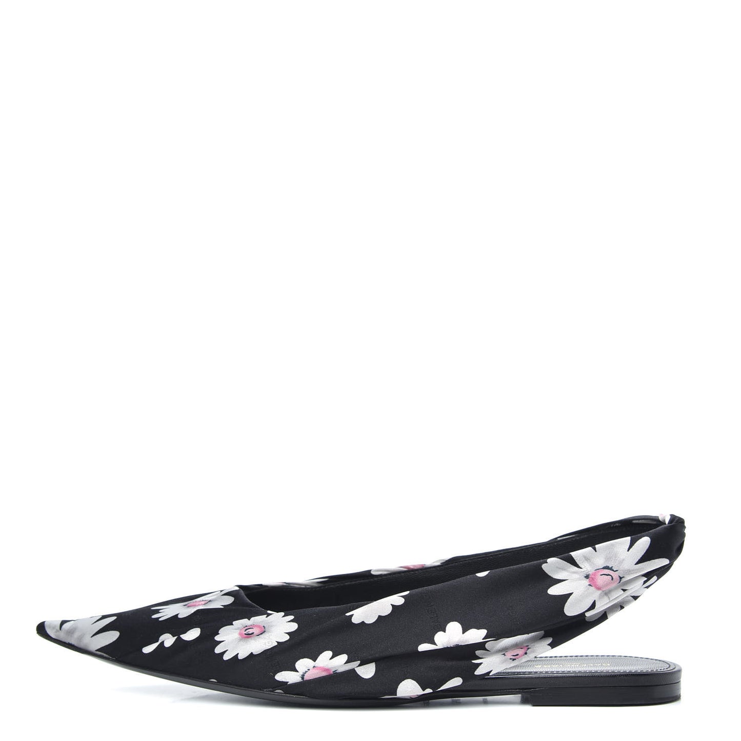 Satin Floral Print Knife Pointy Toe Slingback Flats 39.5 Black