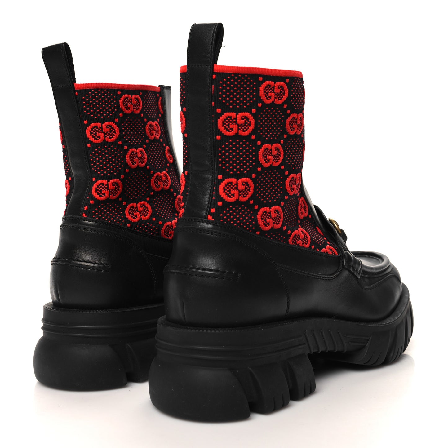 Quebec Calfskin Technical Jersey Knit GG Monogram Mens Horsebit Ankle Boots 10 Black Light Hibiscus Red