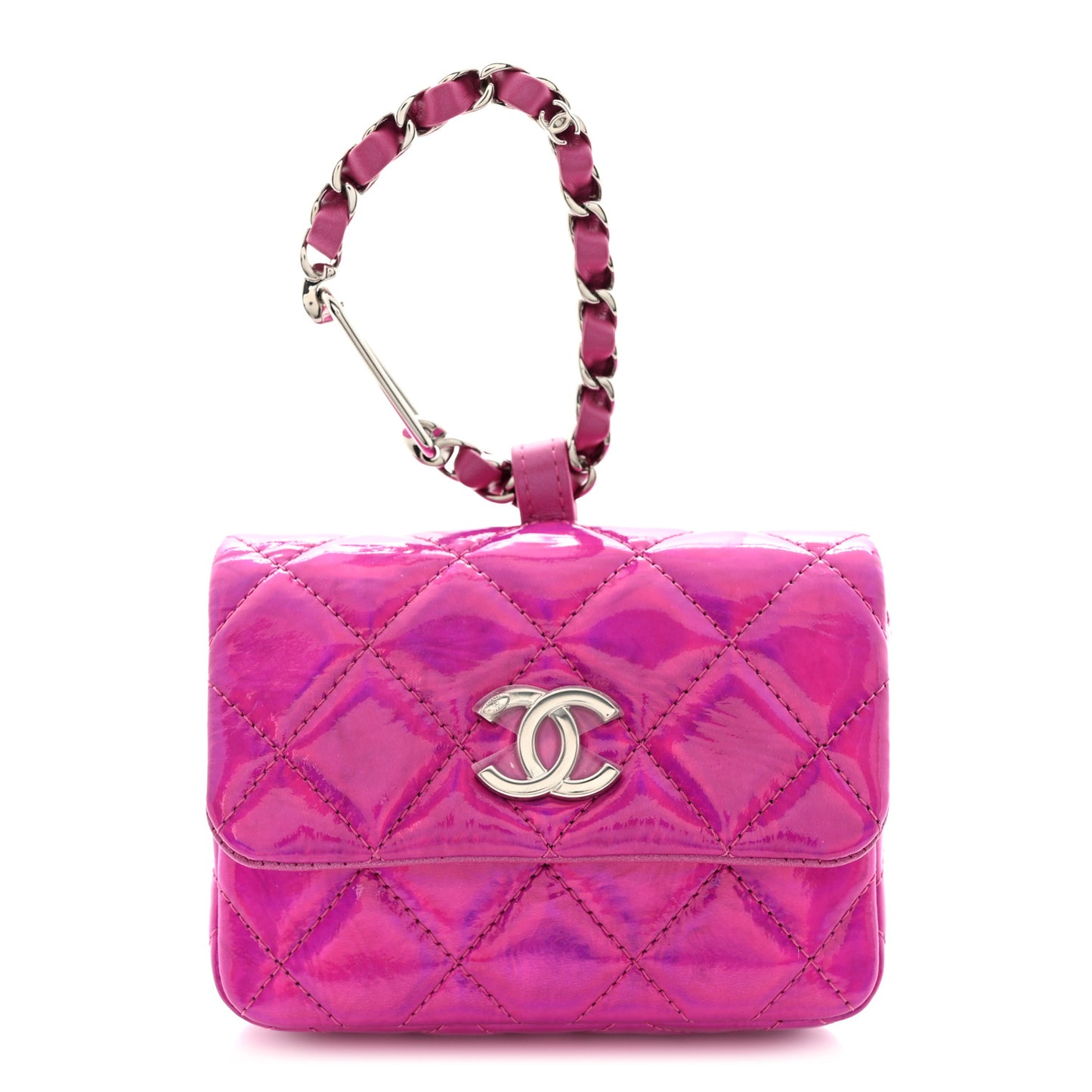 Patent Lambskin Quilted CC Hook Card Holder Pink