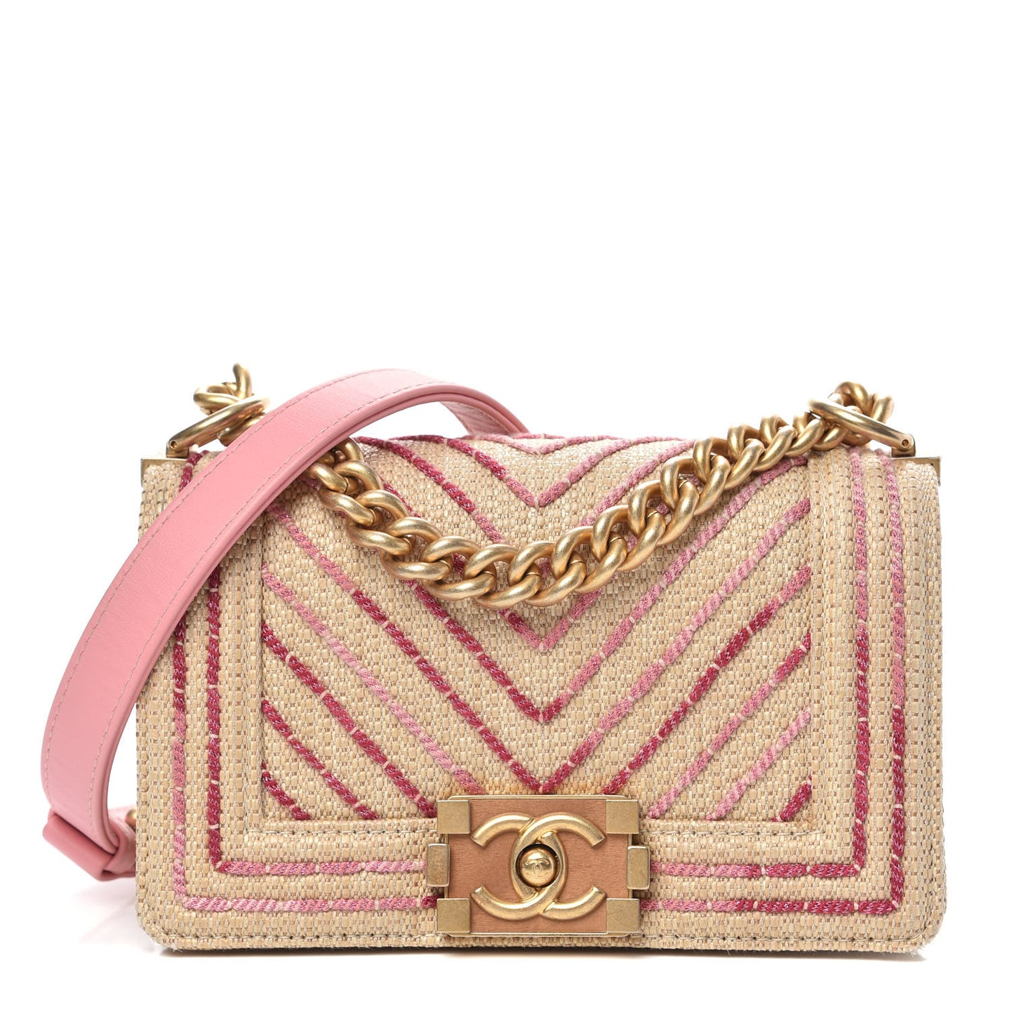 Cotton Canvas Calfskin Chevron Embroidered Small Boy Flap Beige Pink