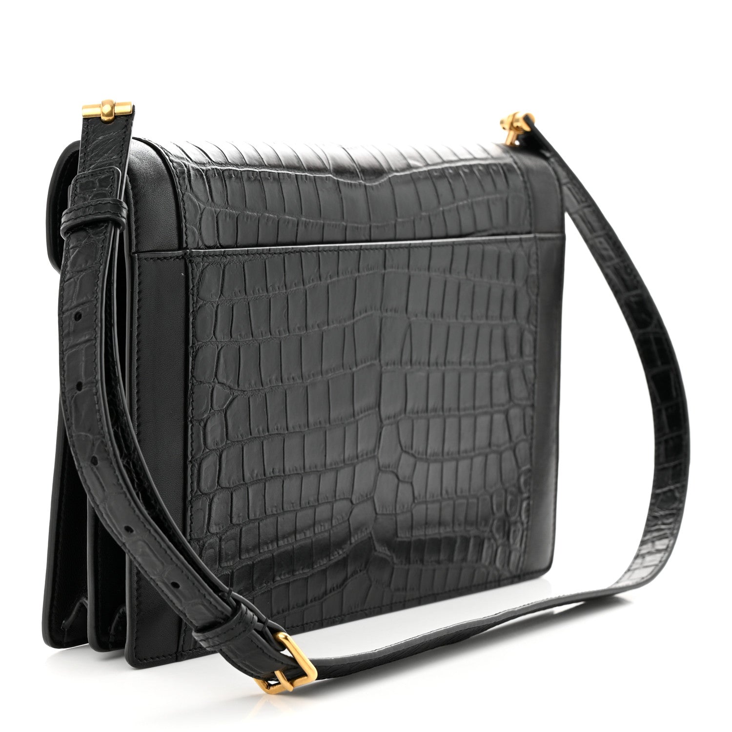 Saint Laurent Calfskin Crocodile Embossed Gaby Satchel Black 3 of 13
