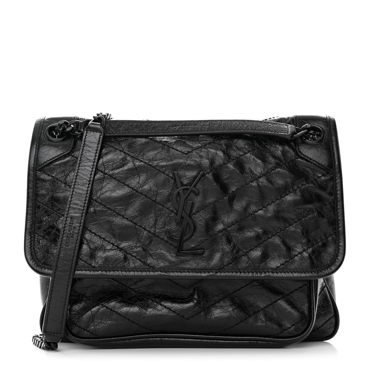 Crinkled Calfskin Matelasse Monogram Medium Niki Chain Satchel Black