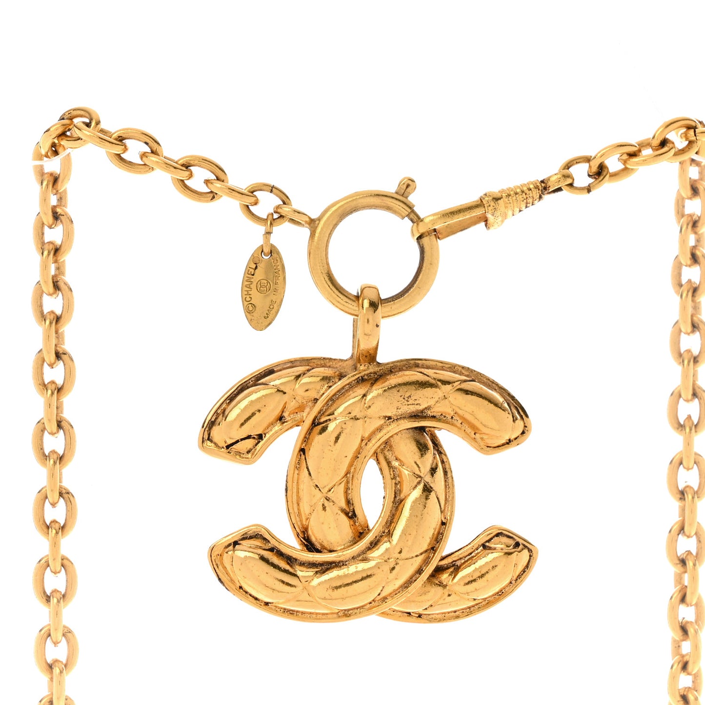 Metal Quilted CC Long Necklace Gold
