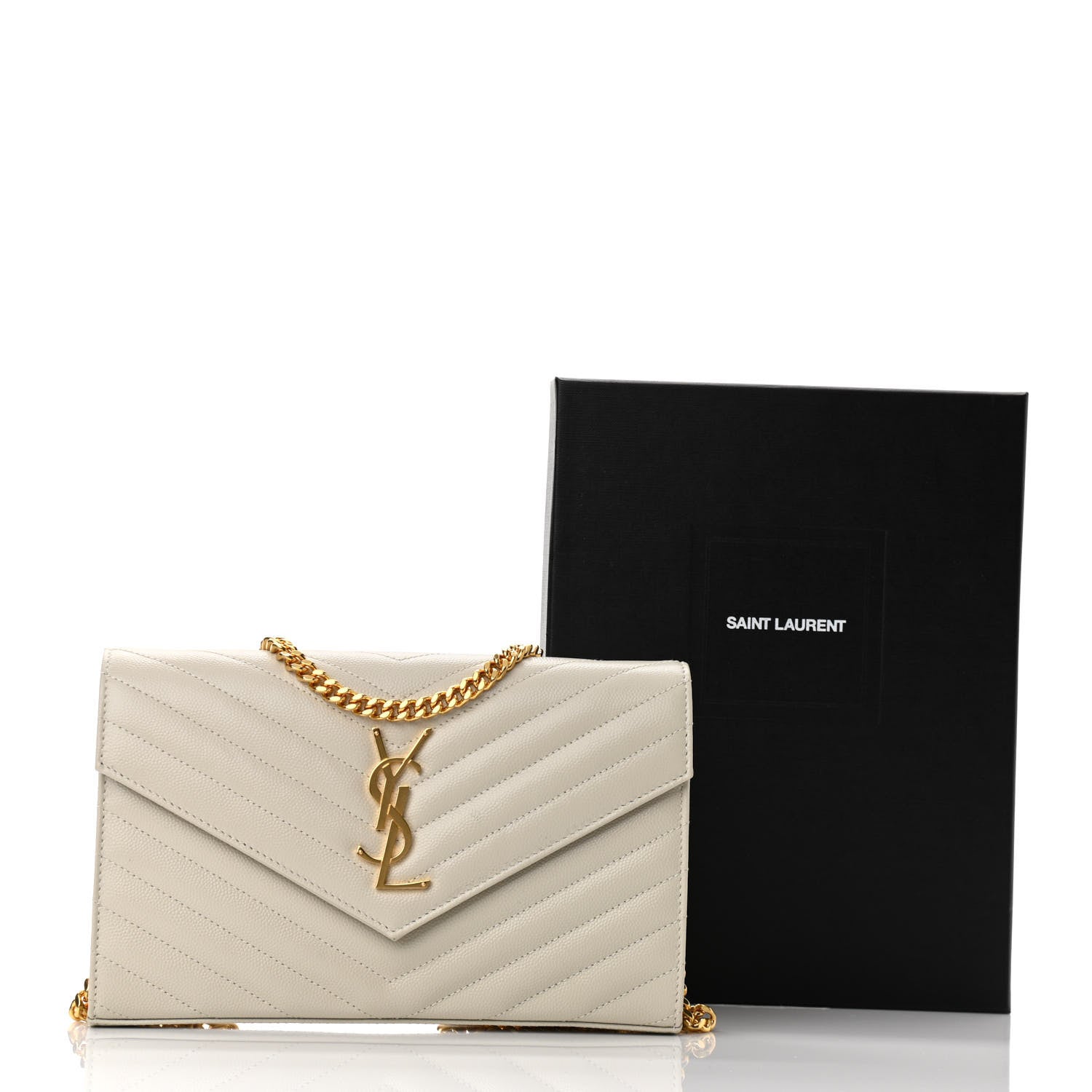 Saint Laurent Grain De Poudre Matelasse Chevron Monogram Chain Wallet Crema Soft 10 of 10