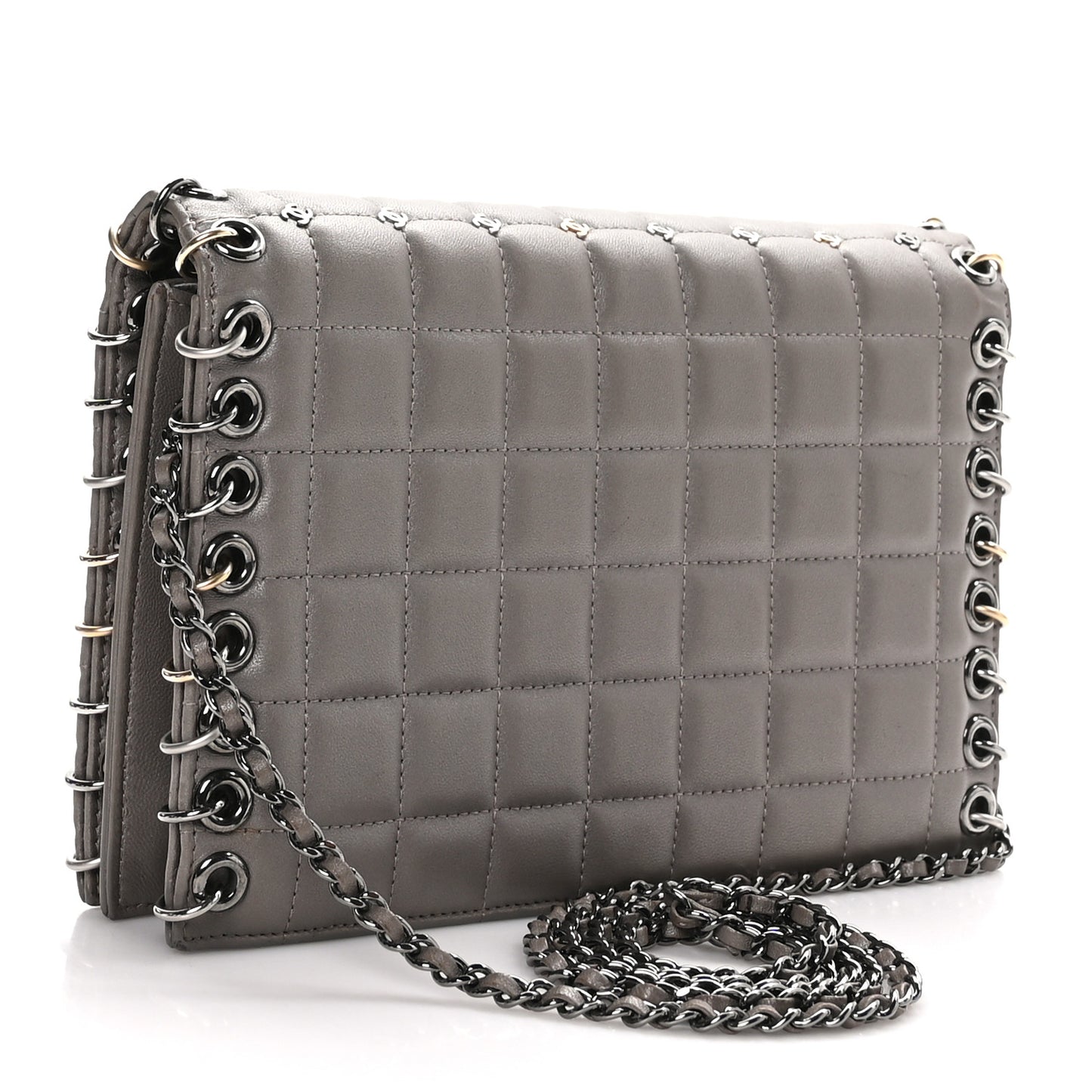 Lambskin Chocolate Bar Piercing CC Studded Small Chain Flap Bag Grey