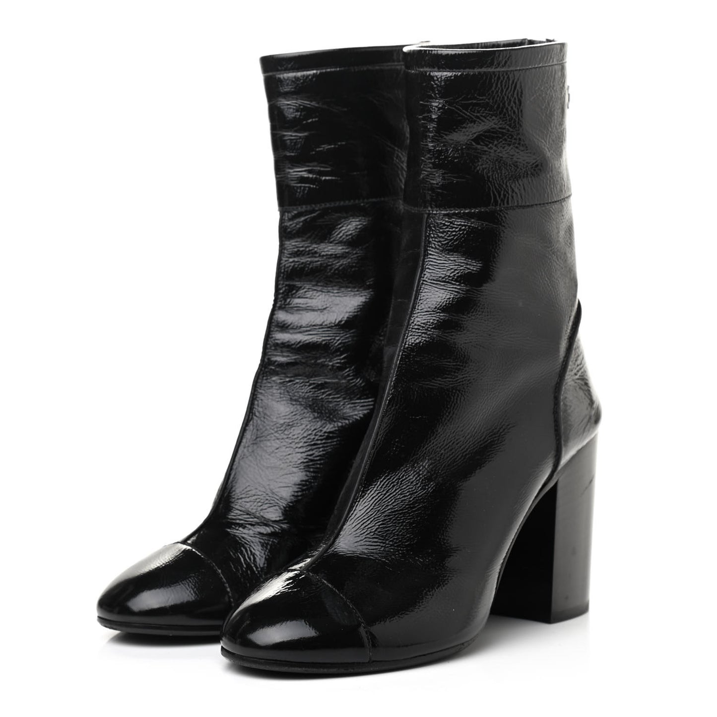 Shiny Crumpled Calfskin CC Cap Toe Short Boots 36 Black