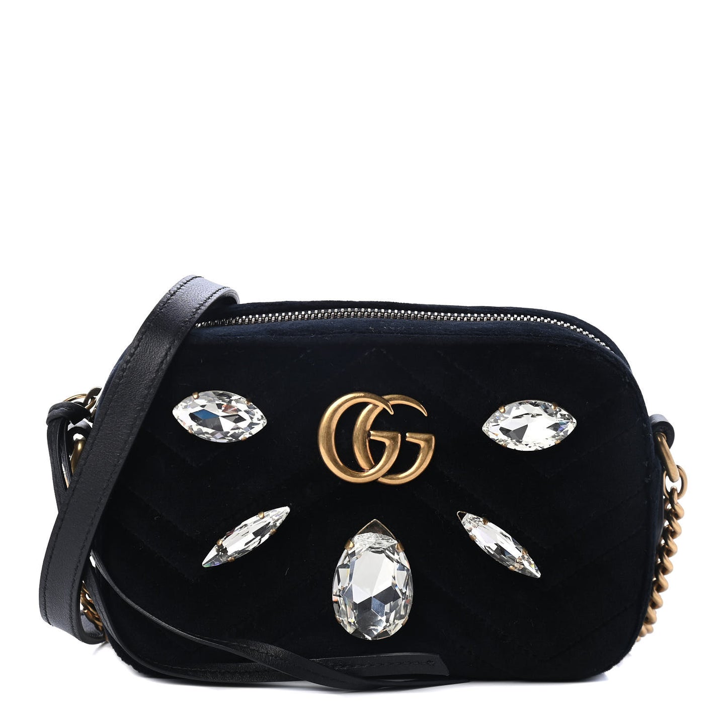 Velvet Matelasse Marquise Crystals Mini GG Marmont Chain Shoulder Bag Black