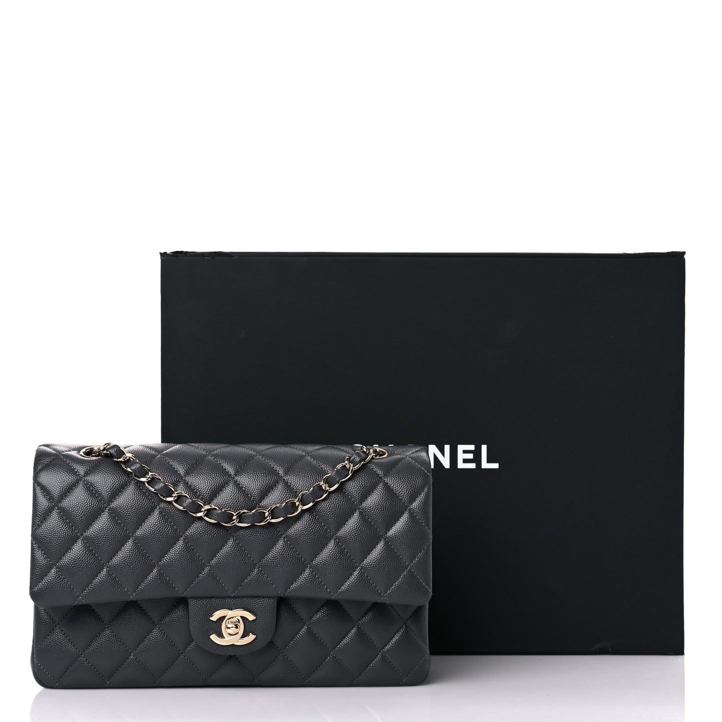 Caviar Quilted Medium Double Flap Dark Grey