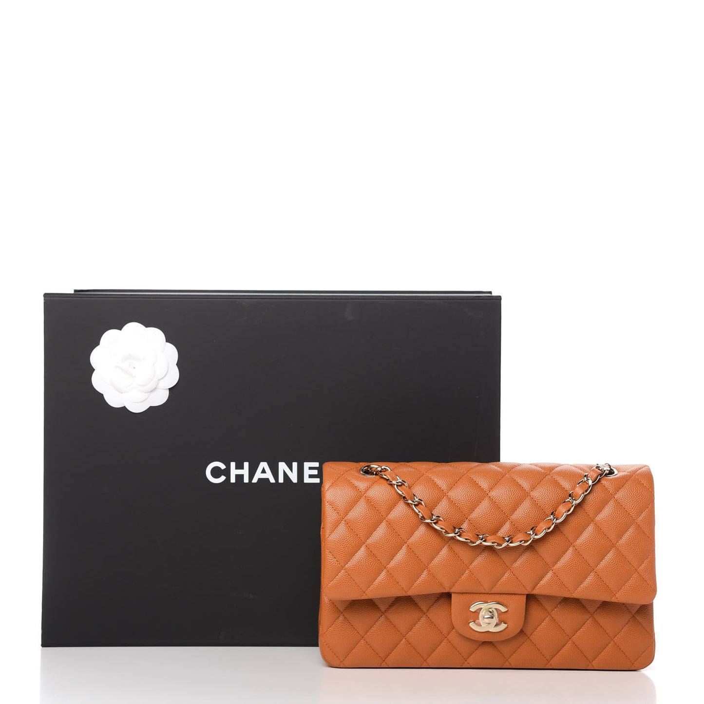 Caviar Quilted Medium Double Flap Light Brown