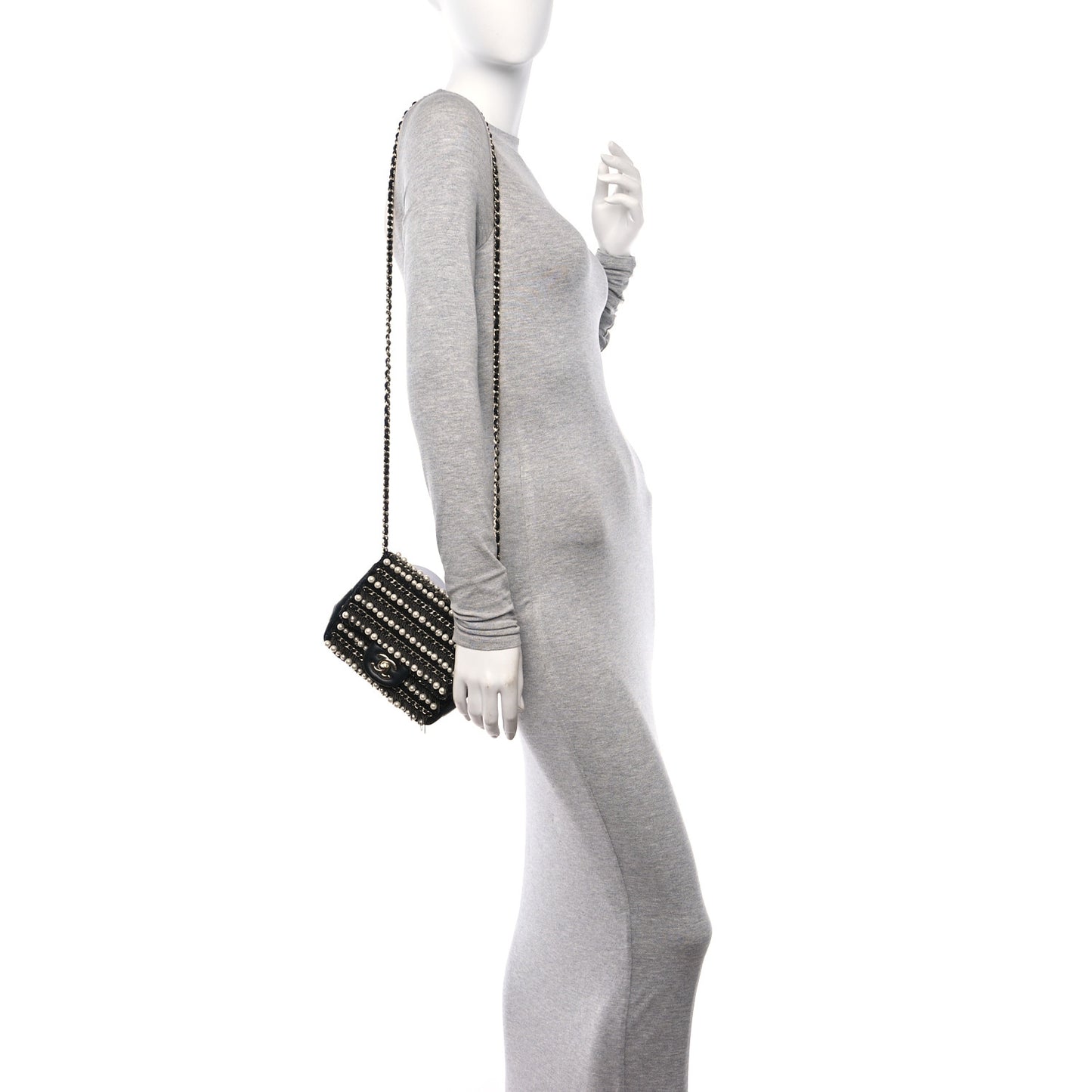 Lambskin Sequin Pearl Chain Fringe Mini Flap Black