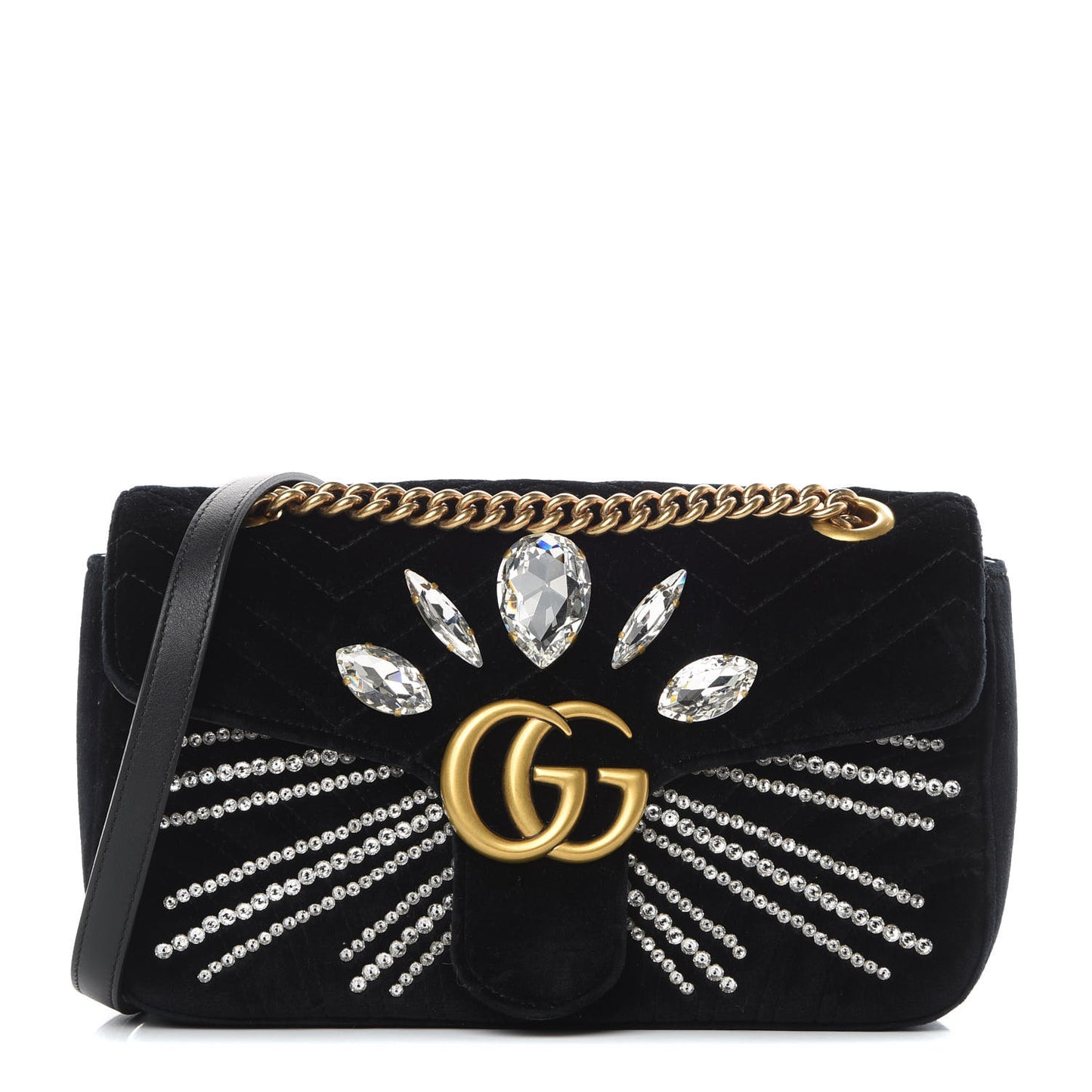 Velvet Matelasse Marquise Crystals Embroidered Small GG Marmont Shoulder Bag Black