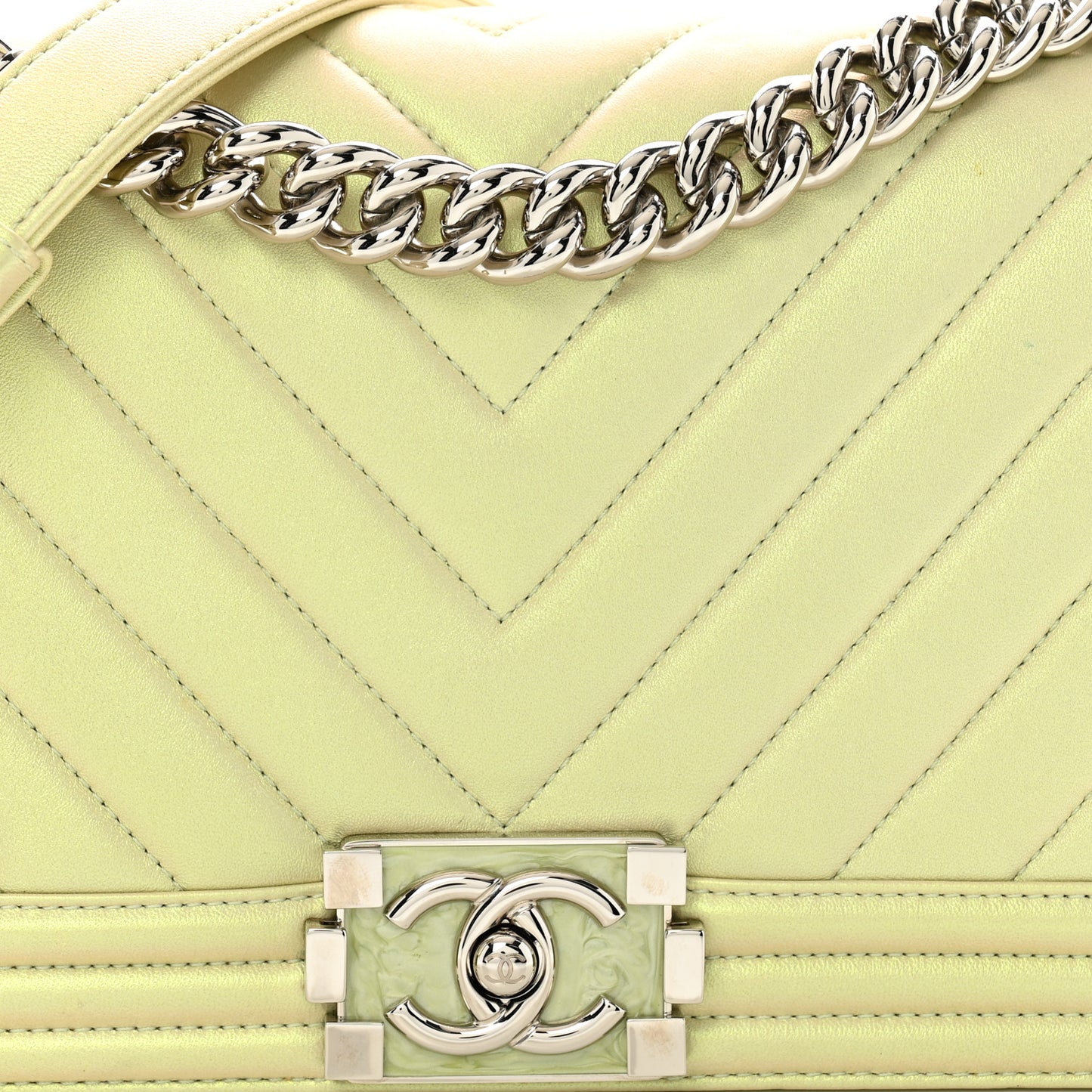 Iridescent Lambskin Chevron Quilted Medium Boy Flap Green