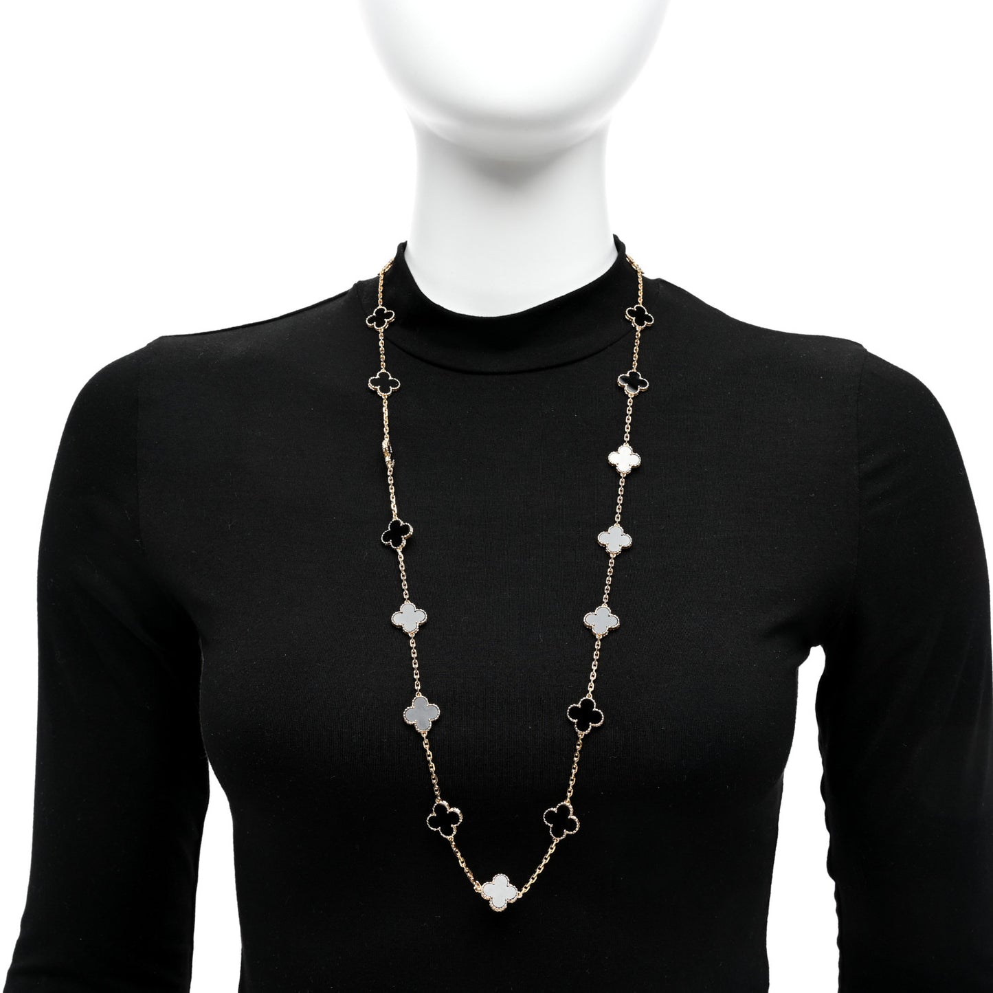 18K Yellow Gold Black Onyx 20 Motifs Vintage Alhambra Necklace