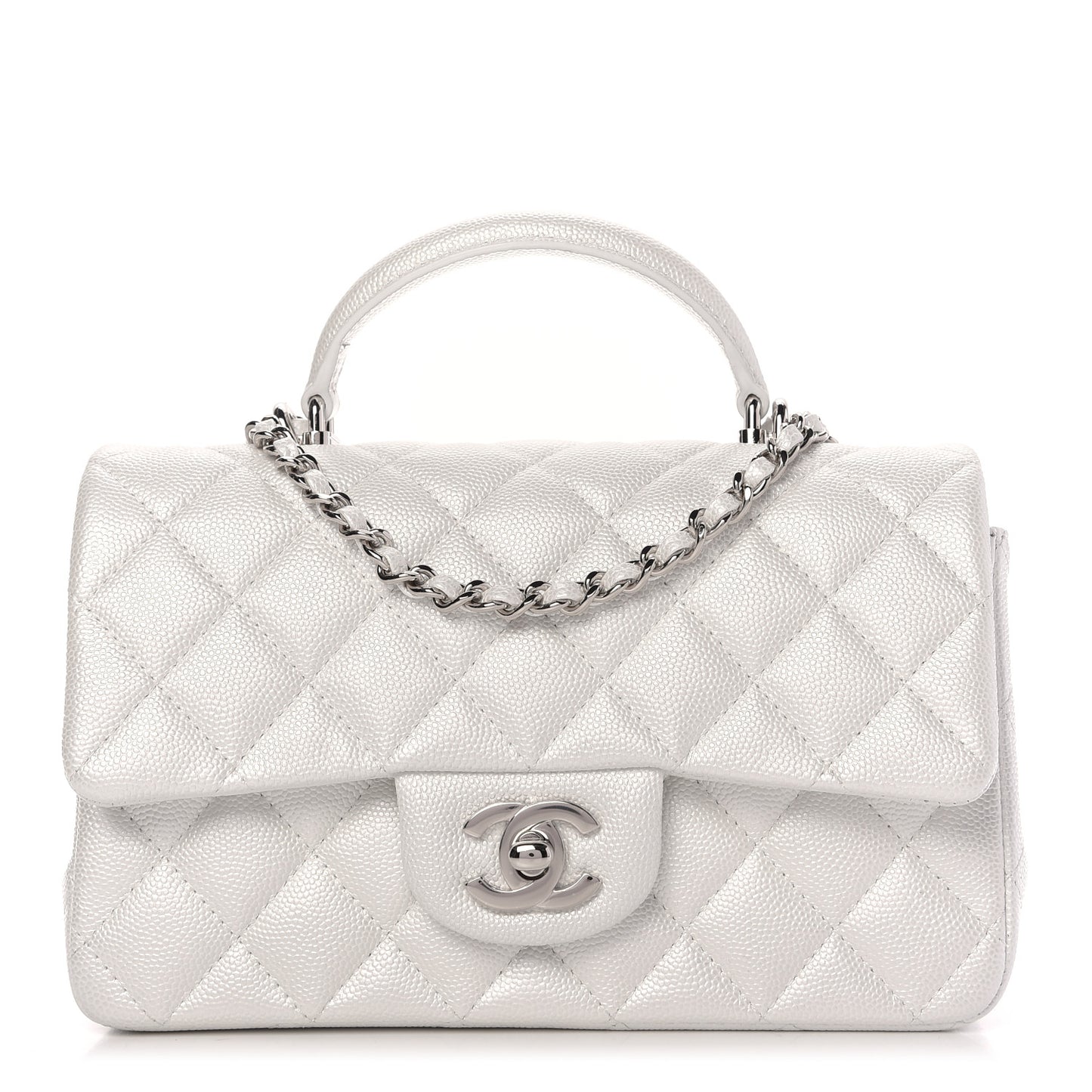 Iridescent Caviar Quilted Mini Top Handle Rectangular Flap White