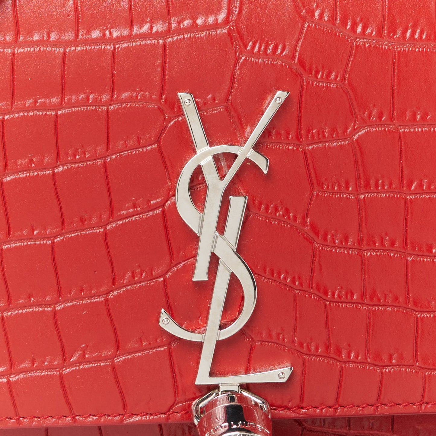 Calfskin Crocodile Embossed Kate Monogram Tassel Chain Wallet Red