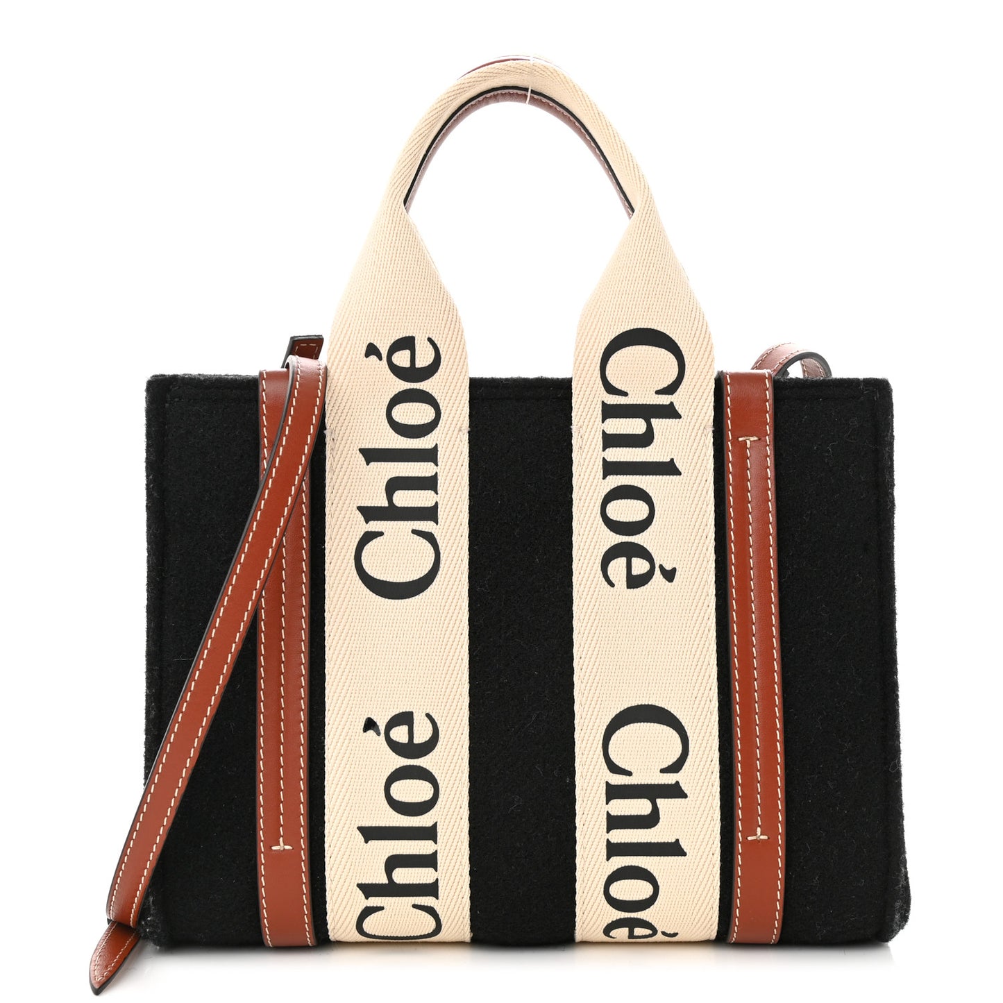 Felt Calfskin Small Woody Ribbon Tote With Strap Black