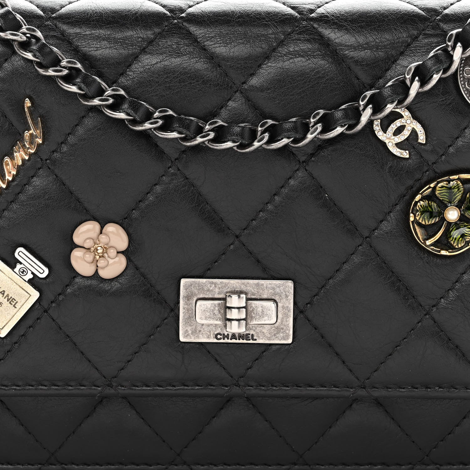 Chanel Aged Calfskin Quilted Lucky Charms 2.55 Reissue Wallet On Chain WOC Black 9 of 13