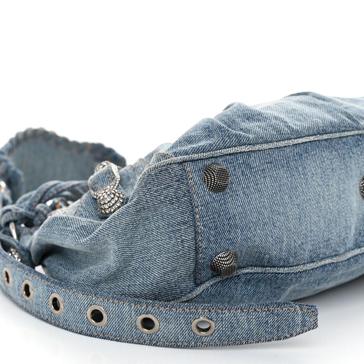 Washed Frayed Denim Crystal Small Le Cagole Shoulder Bag Blue