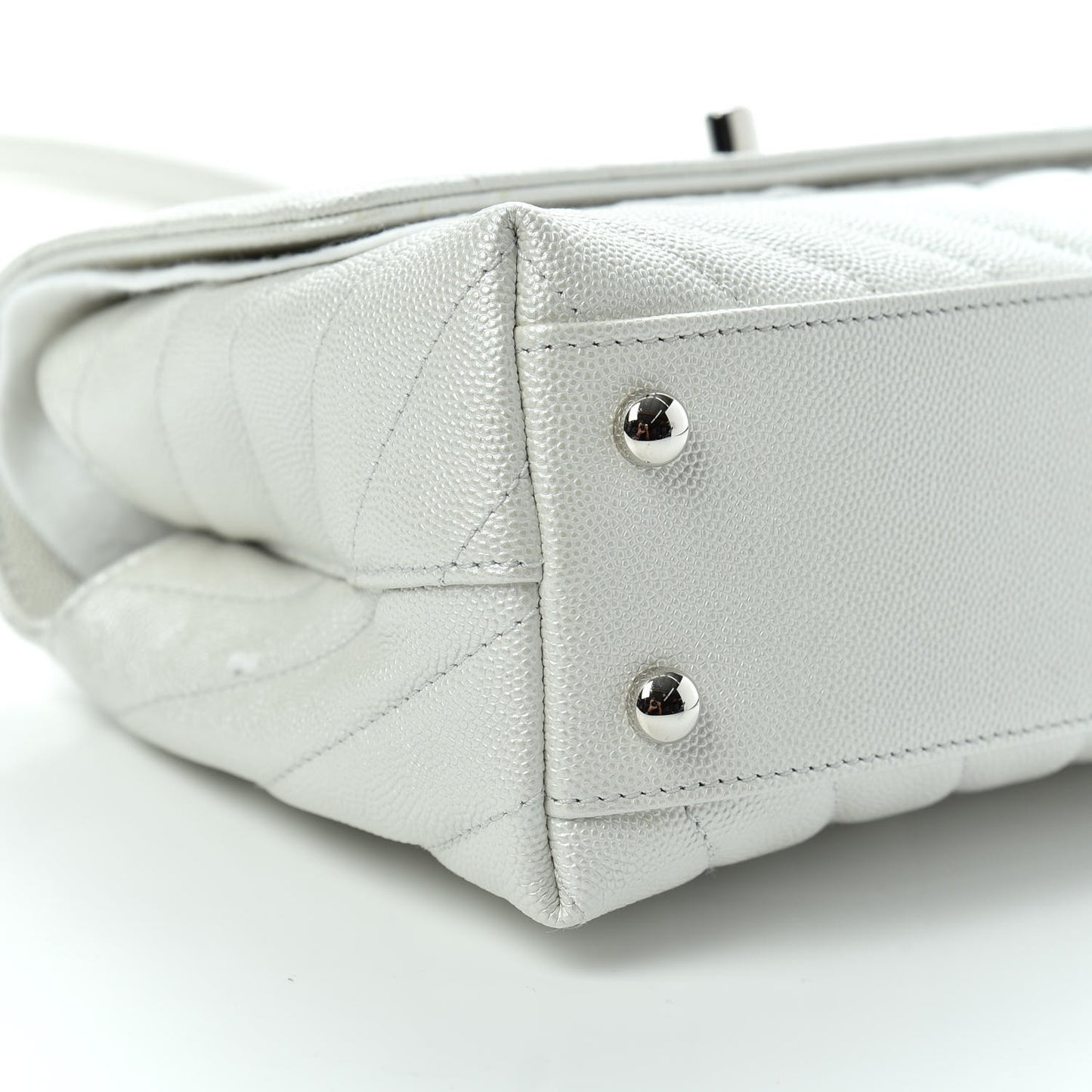 Iridescent Caviar Chevron Quilted Mini Coco Handle Flap White