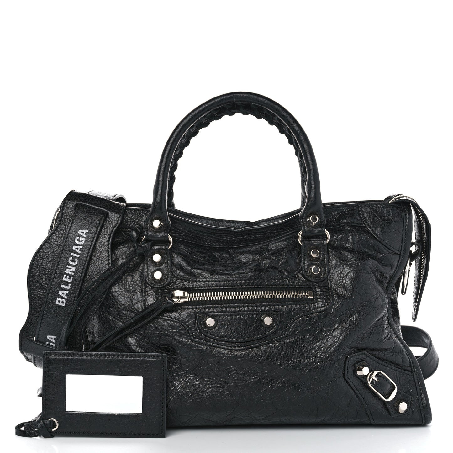 Agneau Classic Silver Hardware S City Logo Strap Black White