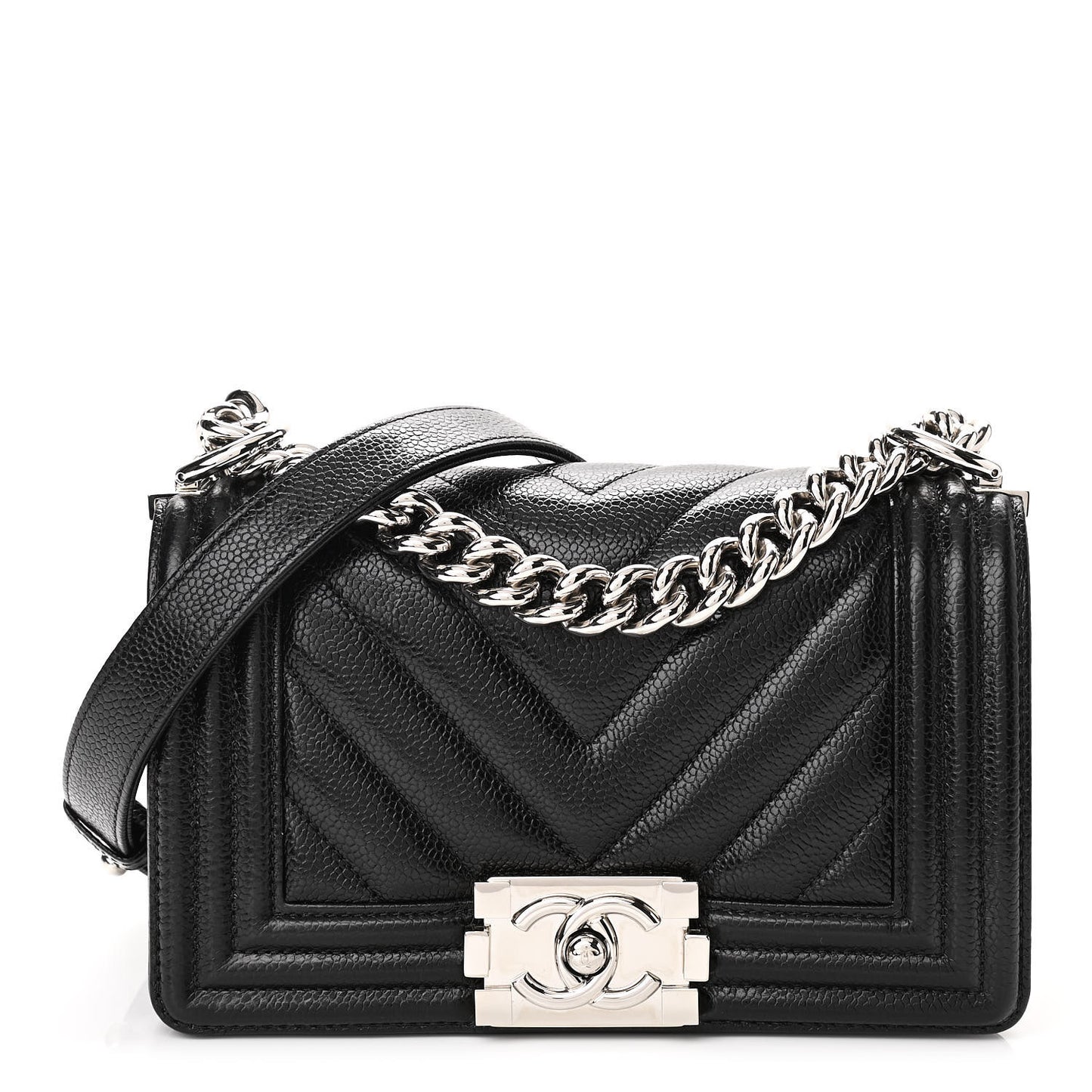 Caviar Chevron Quilted Small Boy Flap Black