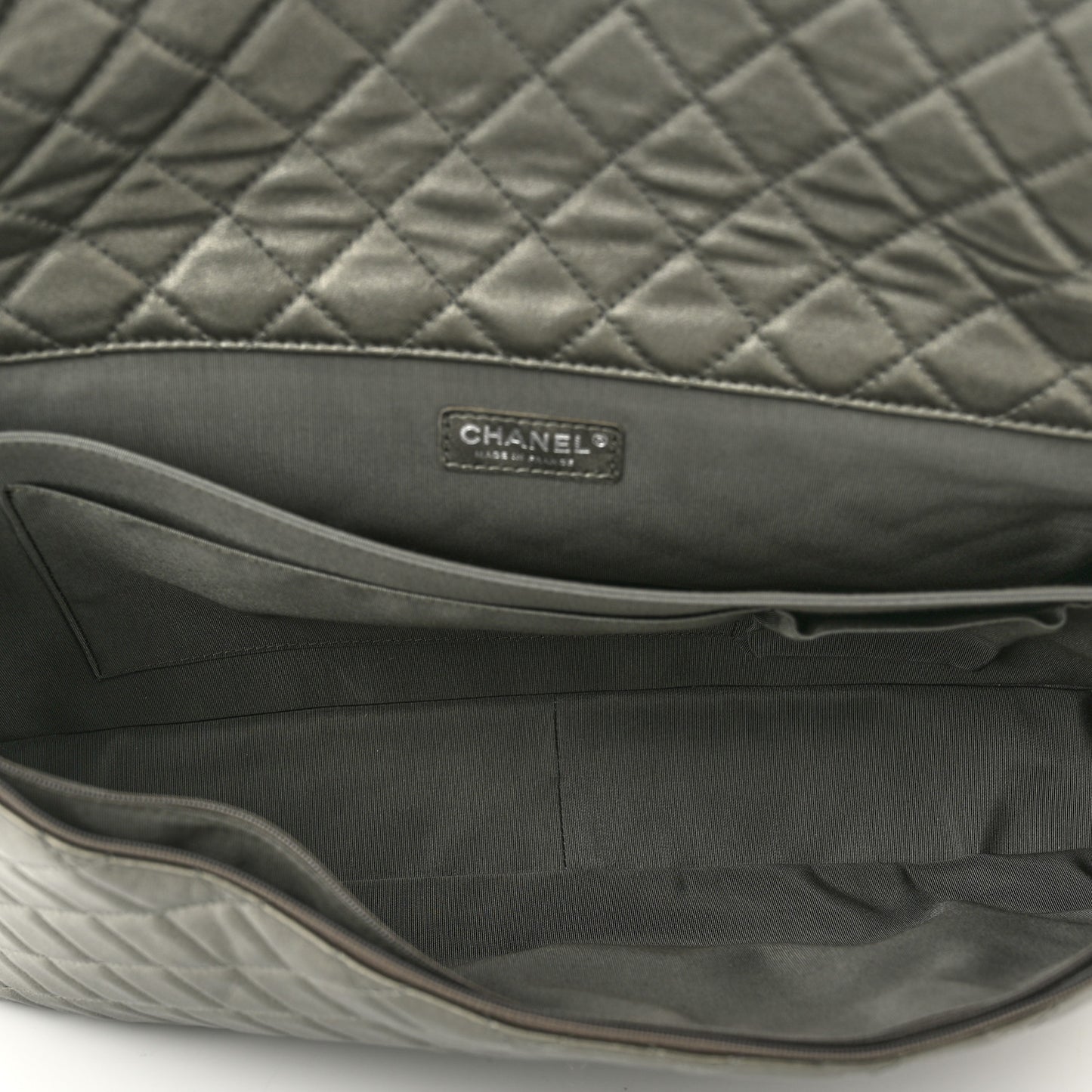 Metallic Calfskin Quilted XXL Travel Flap Bag Dark Silver