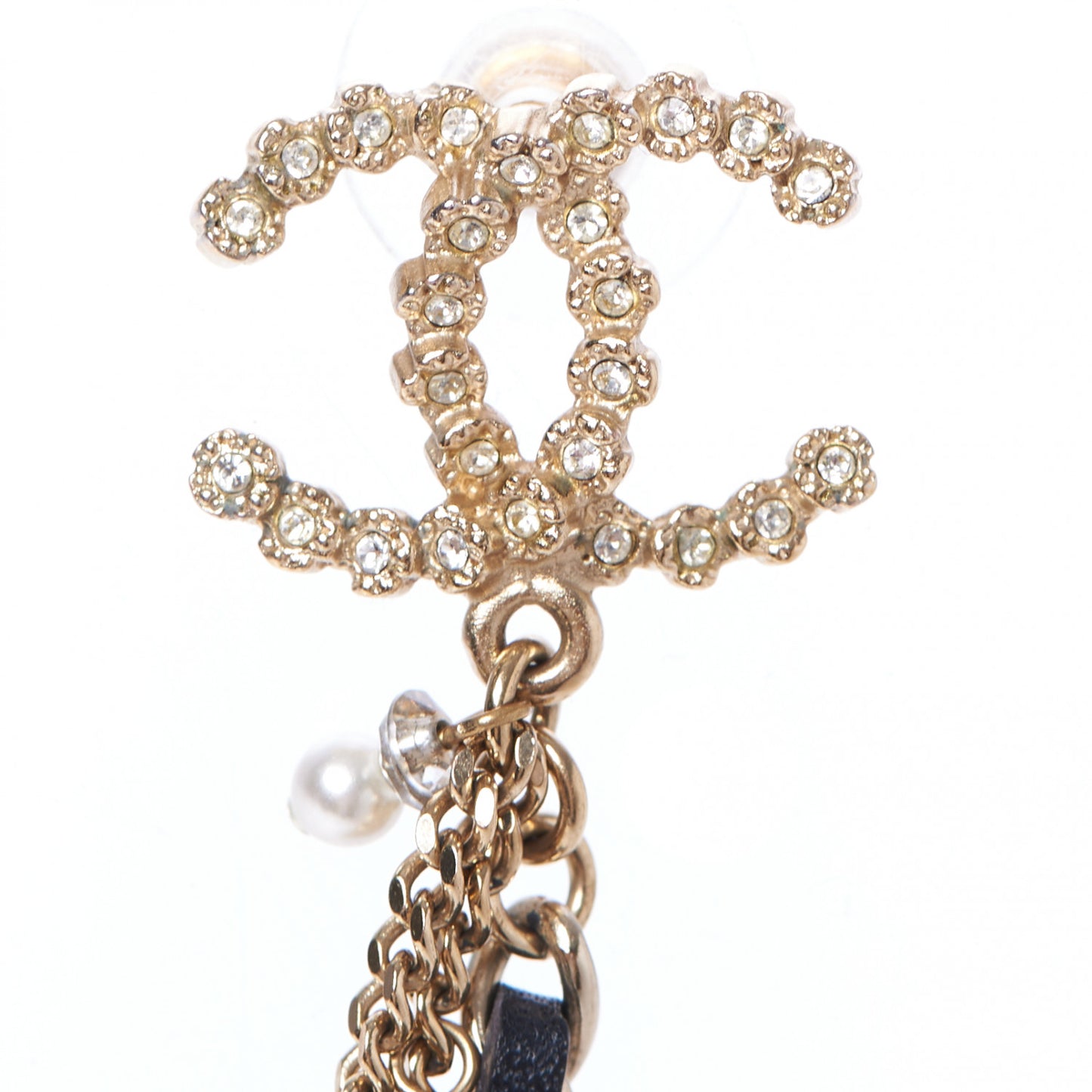 Pearl Crystal Lambskin Chain CC Dangle Earrings Gold