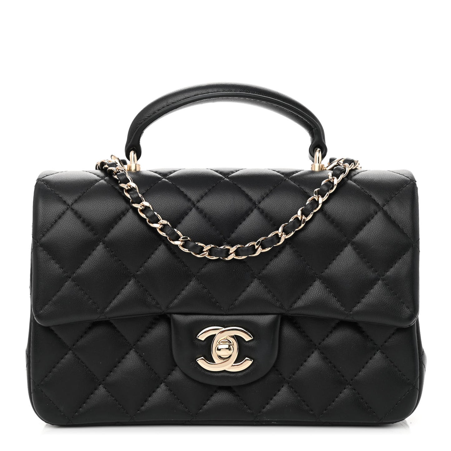 Lambskin Quilted Mini Top Handle Rectangular Flap Black