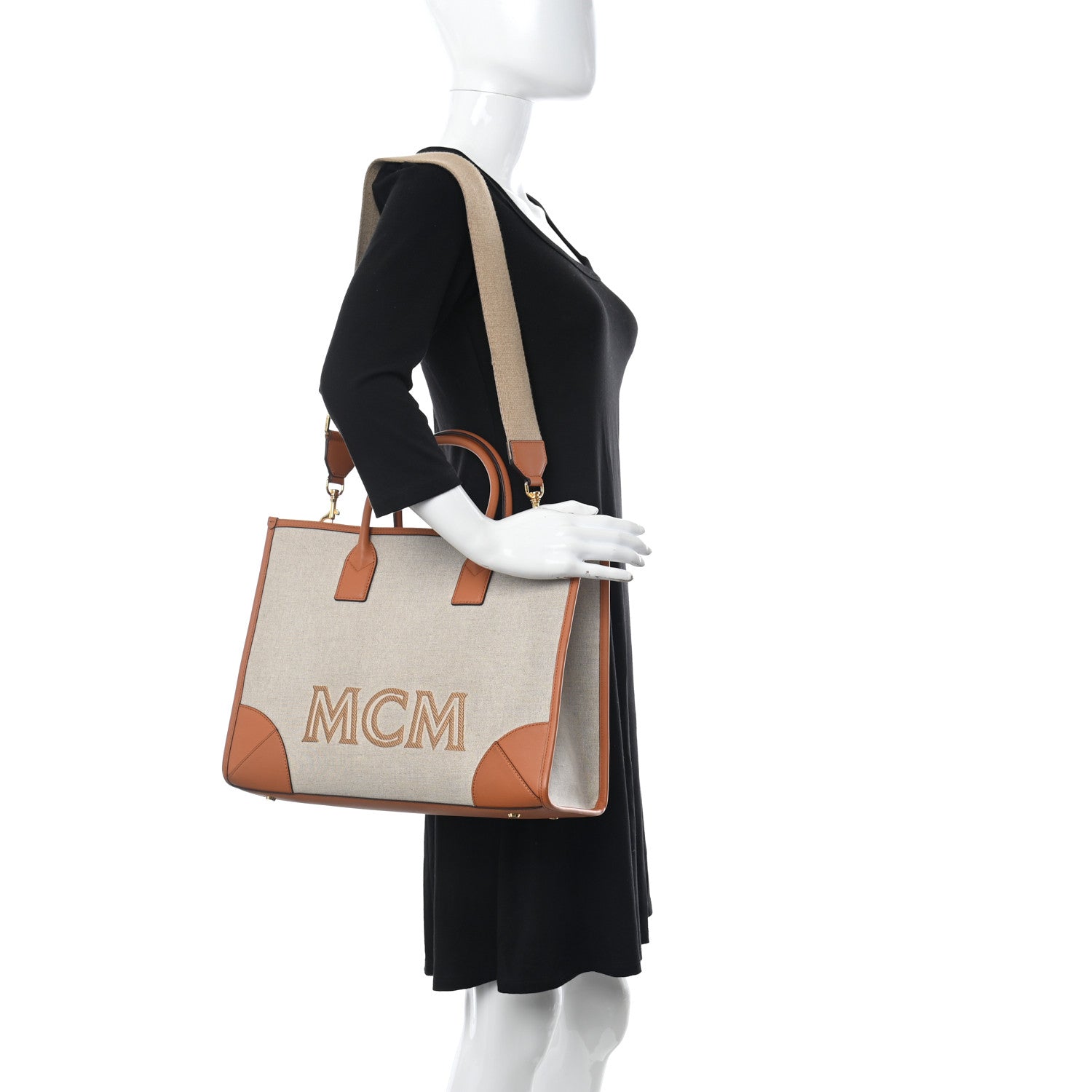 MCM Calfskin Linen Large Munchen Tote Cognac 2 of 12