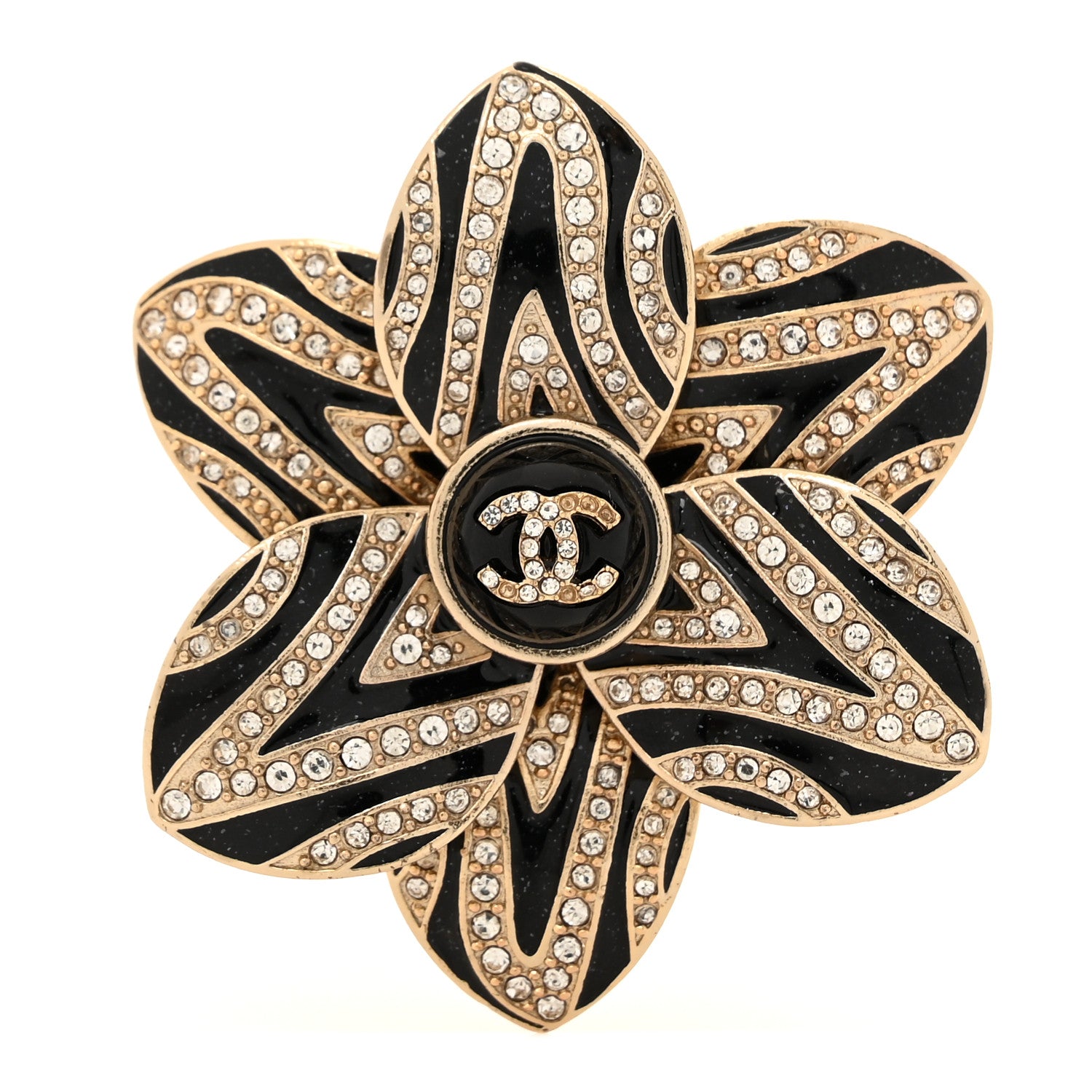 Chanel Metal Enamel Crystal CC Flower Brooch Black Gold 1 of 3