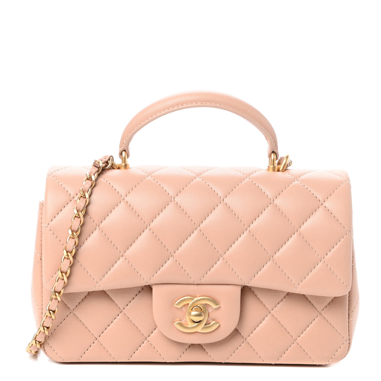 Lambskin Quilted Mini Top Handle Rectangular Flap Beige