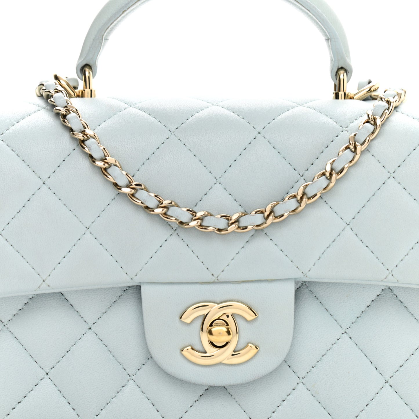 Lambskin Quilted Mini Top Handle Rectangular Flap Light Blue