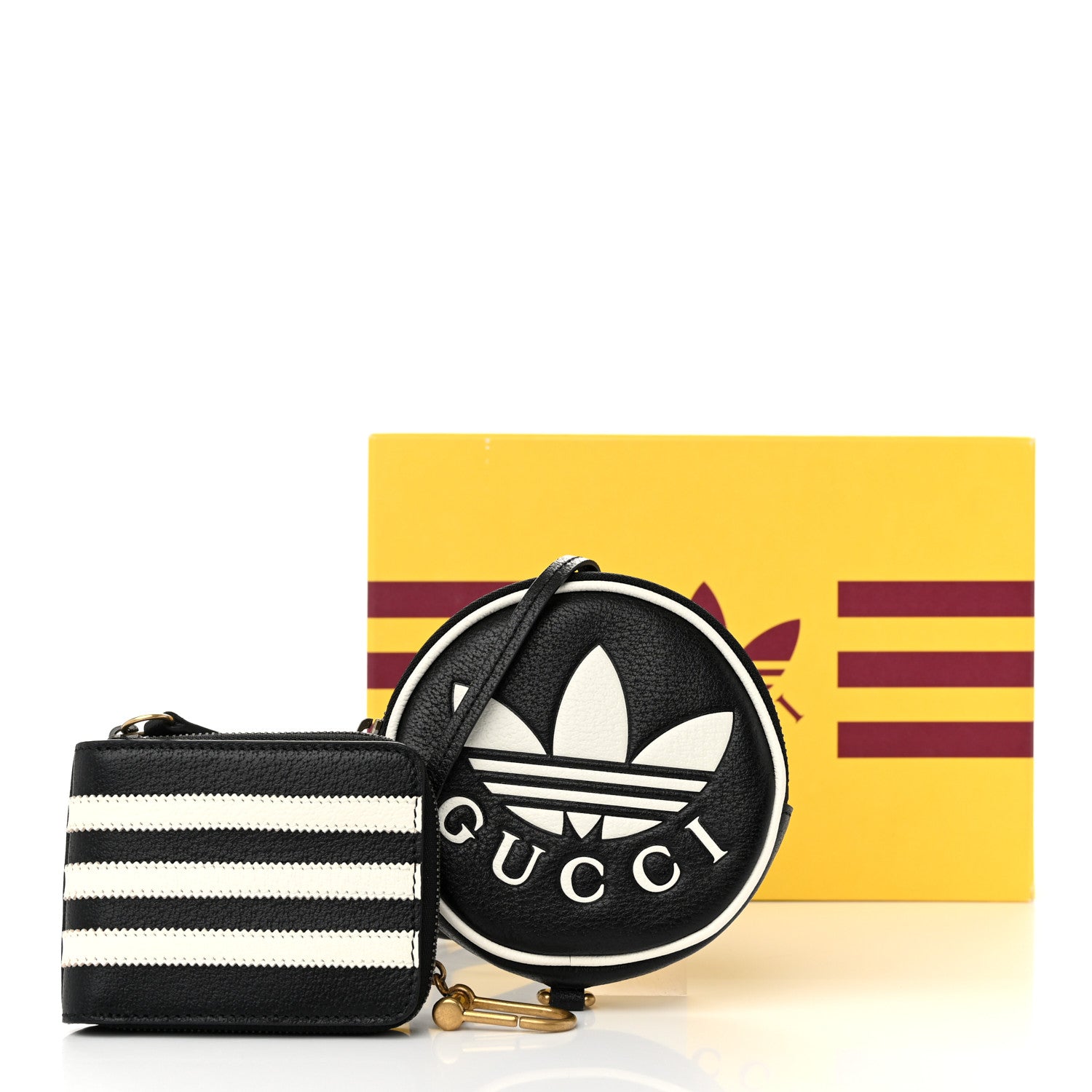 Gucci X ADIDAS Textured Dollar Calfskin Web Trefoil Mini Pouch Set Shoulder Bag Black Off White 14 of 14