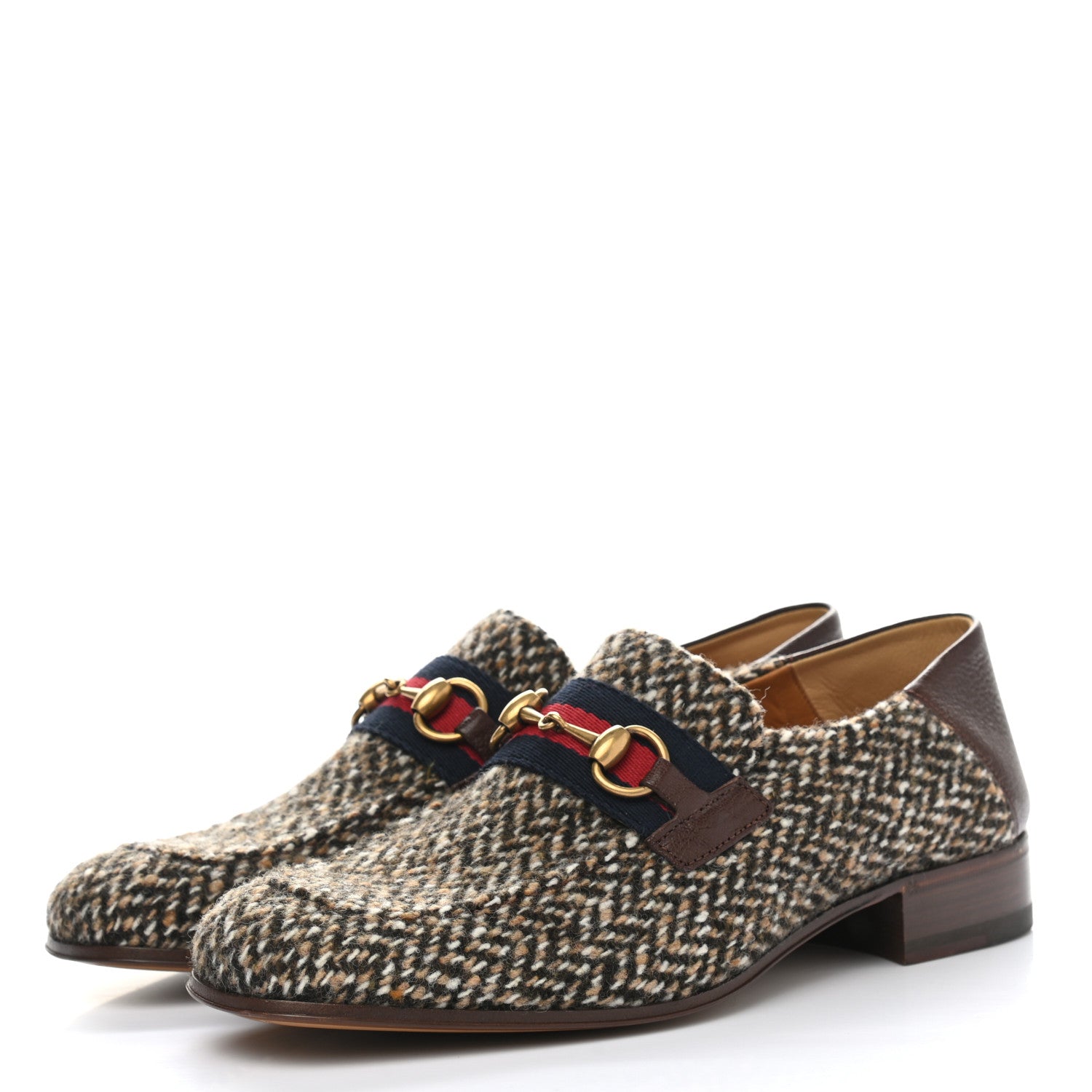 Gucci Tweed Web Herringbone Mens Horsebit Loafers 8 Dark Brown 3 of 10