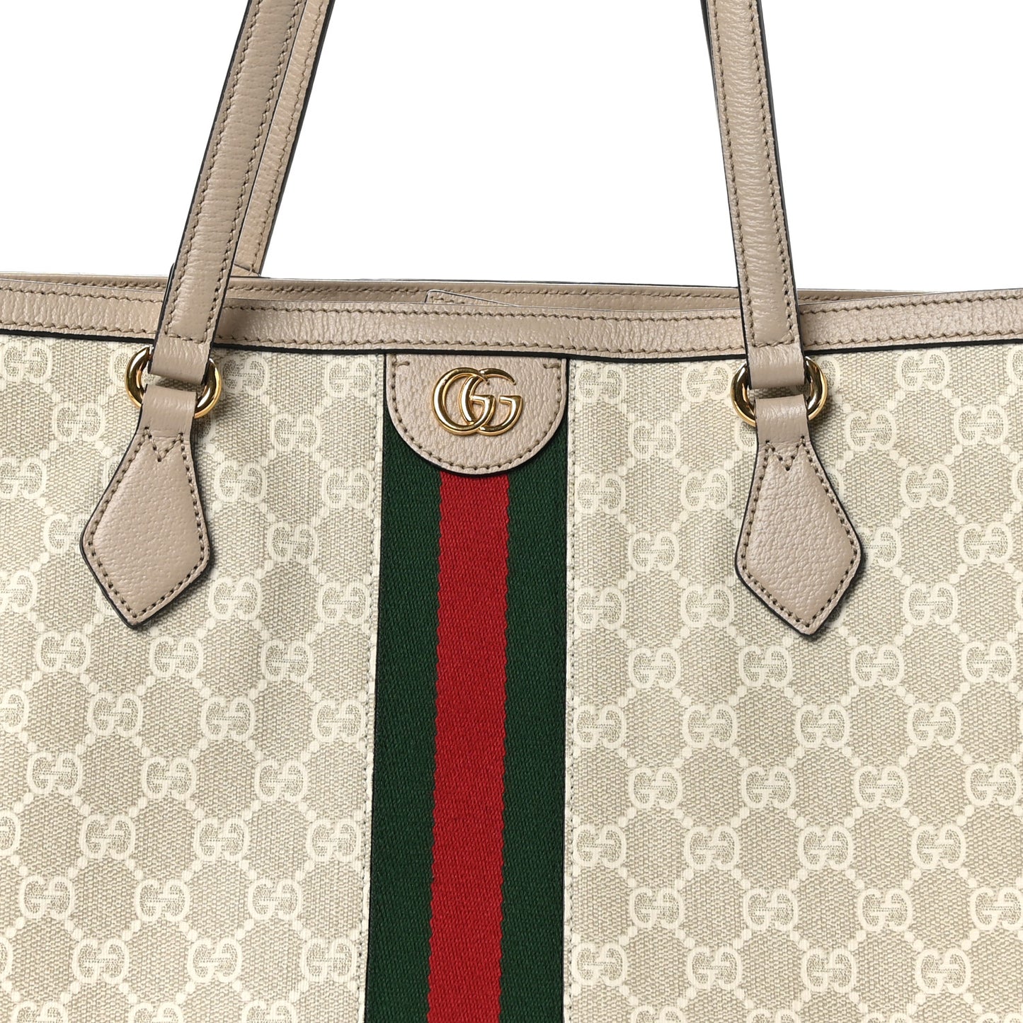 GG Supreme Monogram Textured Dollar Calfskin Web Medium Ophidia Shopping Tote Beige Mystic White Oatmeal