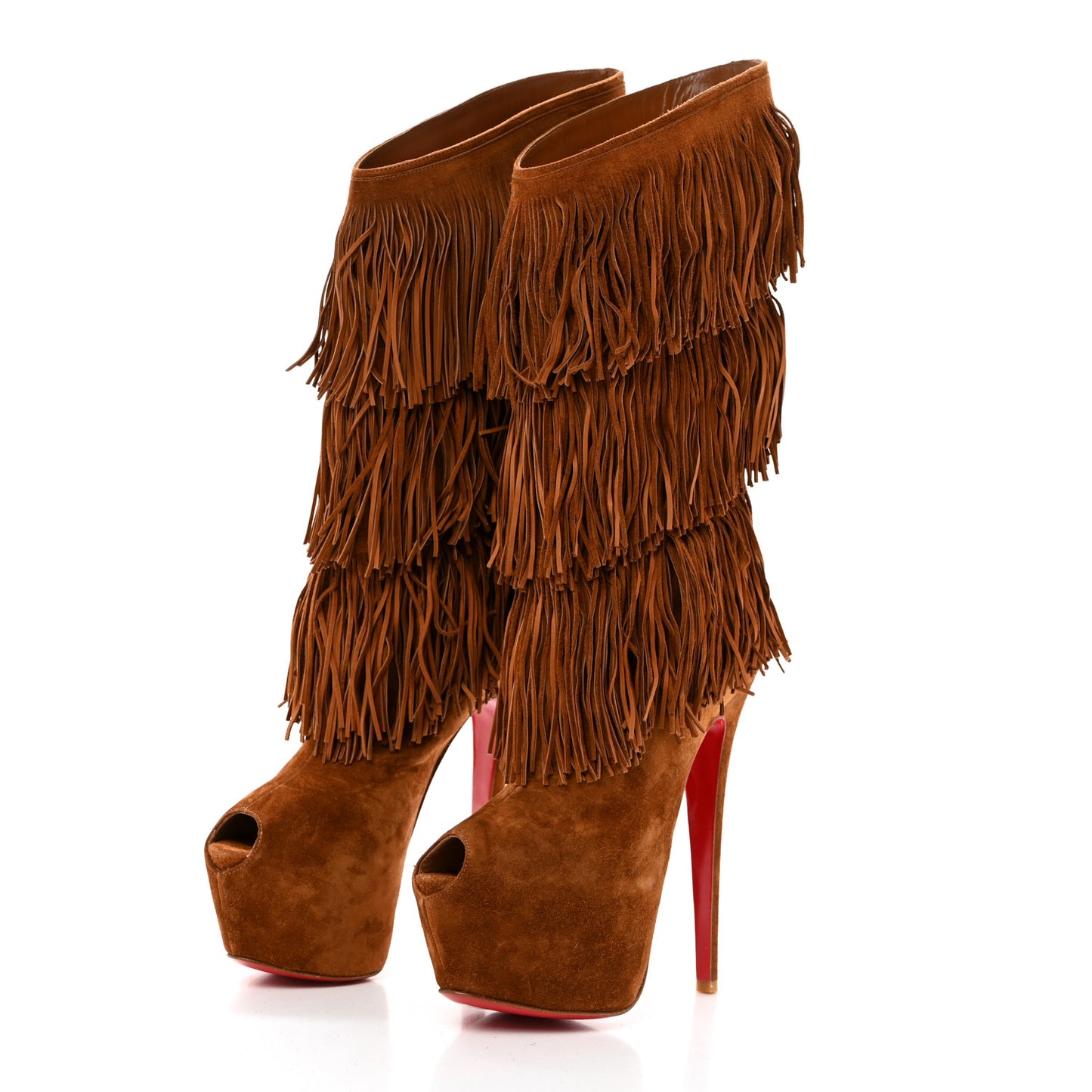 Suede Highness Tina Fringe Platform Peep Toe Boots 37.5 Brown