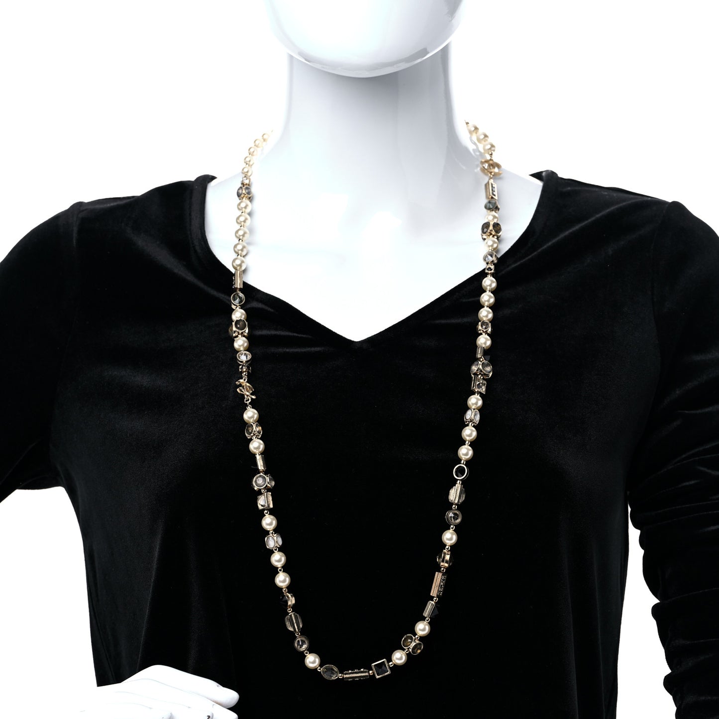 Pearl Gripoix Baguette Crystal CC Long Strand Necklace Gold