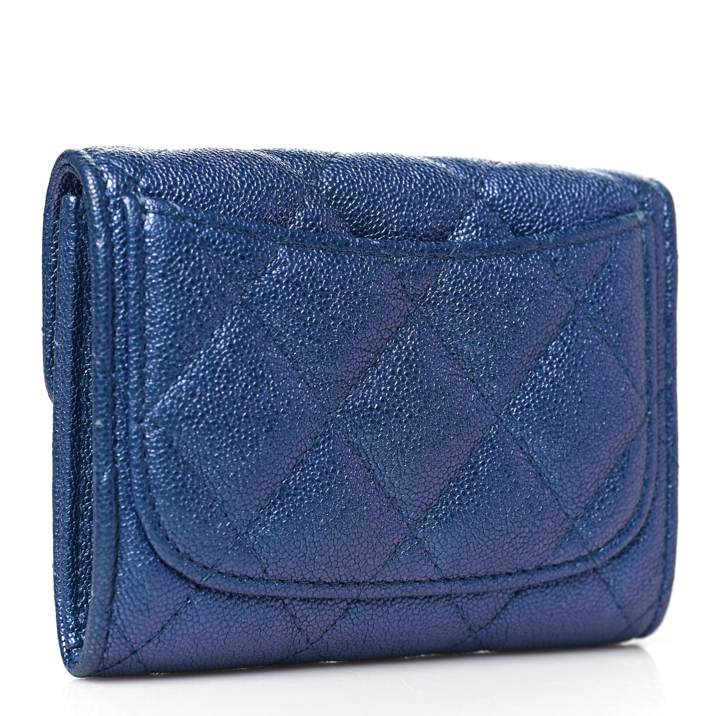 Iridescent Caviar Flap Quilted Card Holder Wallet Dark Blue