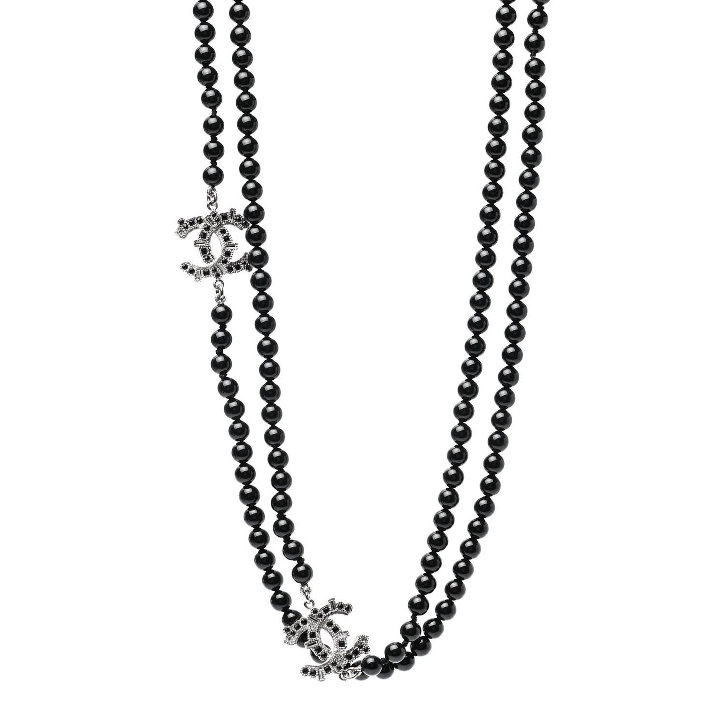 Baguette Crystal Beaded CC Long Necklace Black Silver